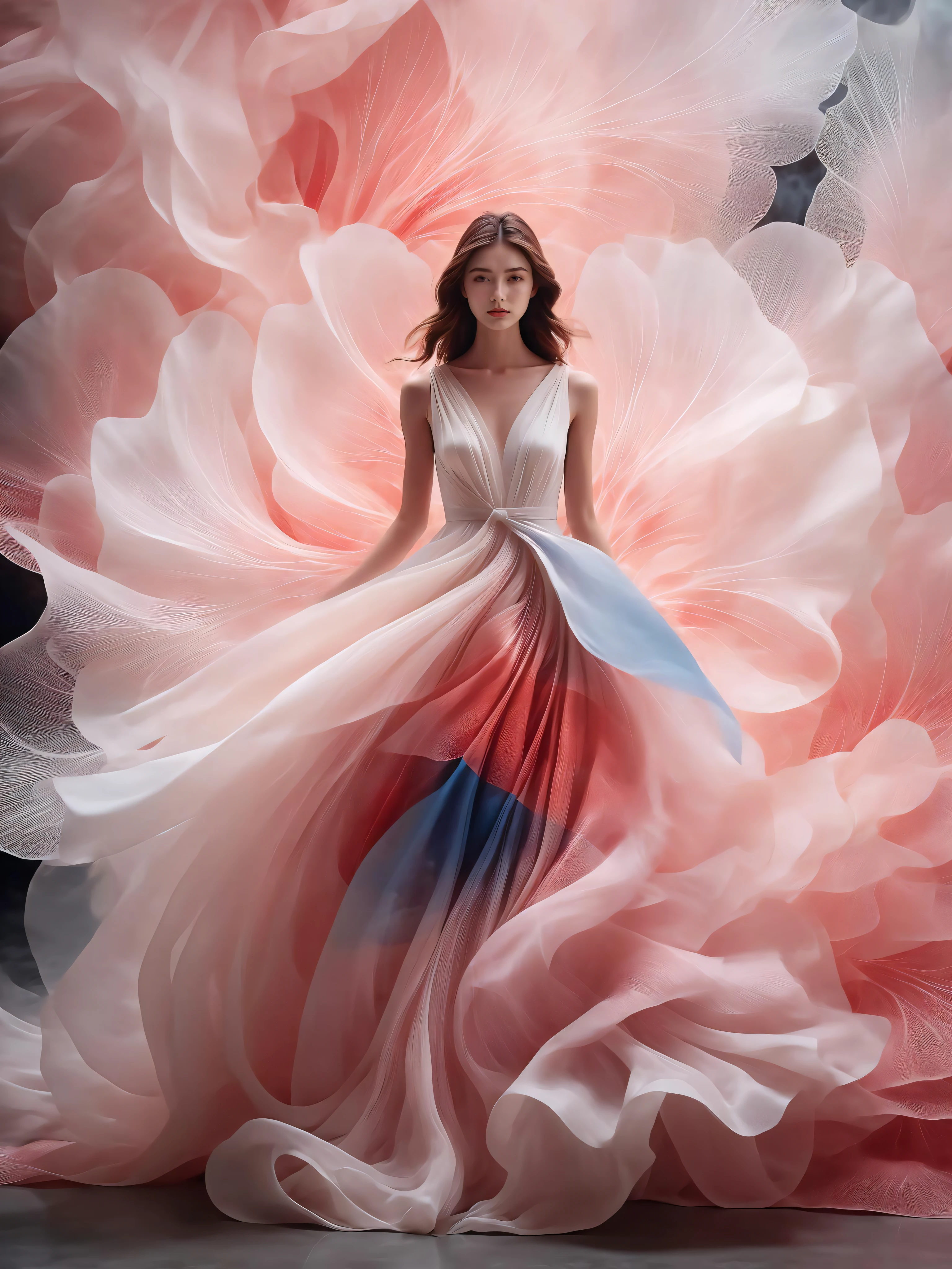 pregnant woman,Petal skirt,A long dress hem resembling smoke,Petal pattern,long hair in the wind,Advanced sense,fashion,
still photography, looping video, mesmerizing movement, captivating visuals, seamless blend, engaging storytelling, Vorticism, angular forms, dynamic movement, bold geometry, fragmented shapes, striking contrasts, modernist influence, nature, history, modern art, amazing, unreal background, art by (Alessio Albi:1.1),
soft lighting, Happy emotions,(close up, face focus), (fractal art) extremely detailed,the most beautiful form of chaos, elegant, a brutalist designed, vivid colours, romanticism,details in the dark, 