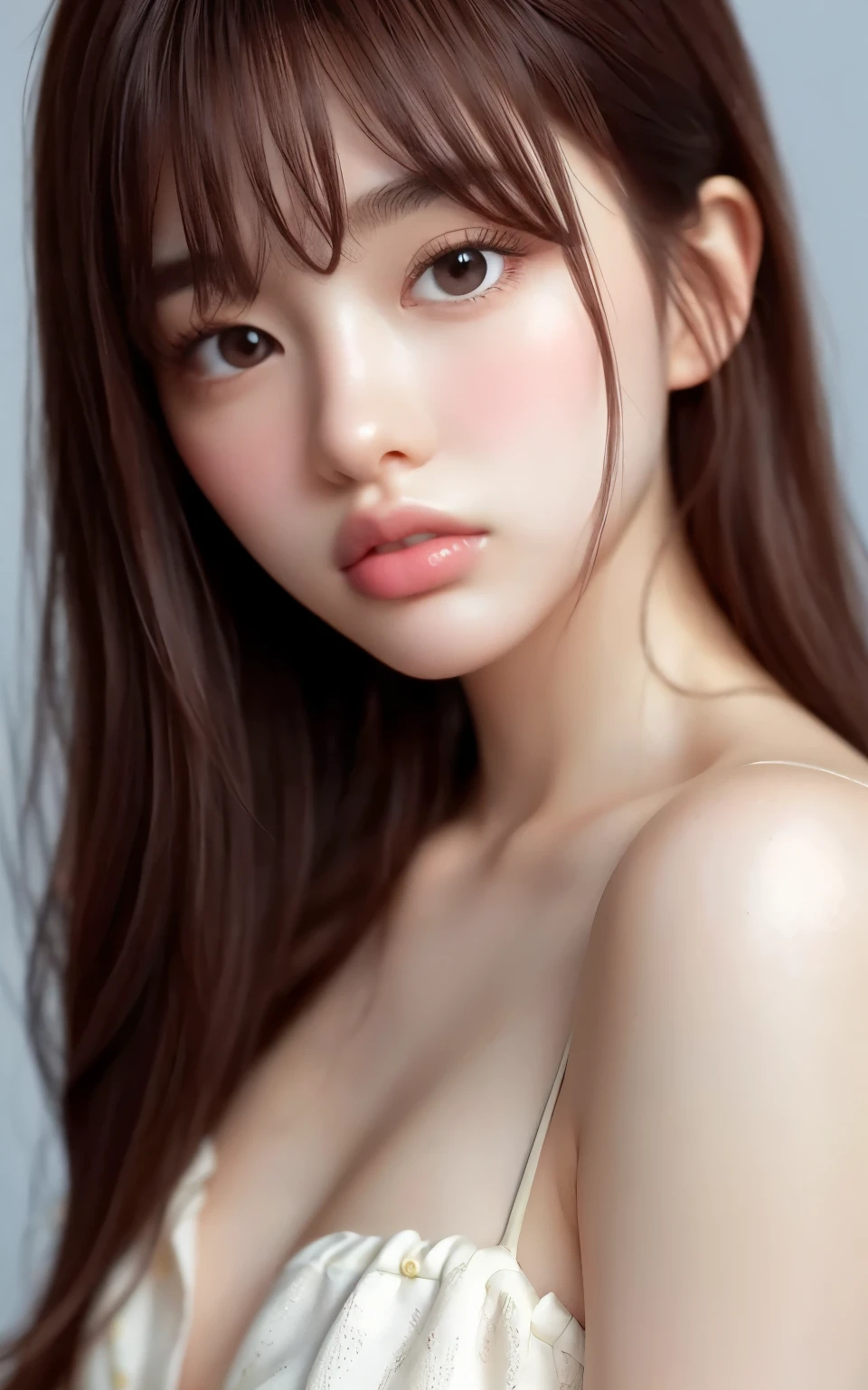 (Representative works: 1.3), (8k, Realistic, RAW Photos, Best image quality: 1.4), (20 year old beauty),Small face, Beautiful Face, (Realistic Face),Natural Makeup、light makeup、 (Dark brown, Long Hair: 1.3), Beautiful Hairstyles, Realistic eyes, Beautiful fine details, (Photorealistic Skin: 1.2), Beautiful Skin、(nude: 1.3)、Bust F cup、(Embarrassing)、(Erotic), Confused, charm, 超High resolution, Ultra-realistic, High resolution, Golden Ratio,、Gray background、sexy、cute,(Ecstasy face),(Sexy Lingerie)、(Very Gasping: 1.1)