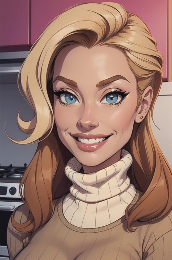 A close-up of a woman in a sweater, uma garota, uma beautiful mulher com cabelo castanho, uma cute young garota loira, She is blonde, uma mulher loira, uma jovem loira, brown head, decote, one is short blonde blonde, sardas fofas, lindo sorriso sedutor, com cabelos loiros e olhos verdes, linda e sorridente, sorrindo sedutoramente.