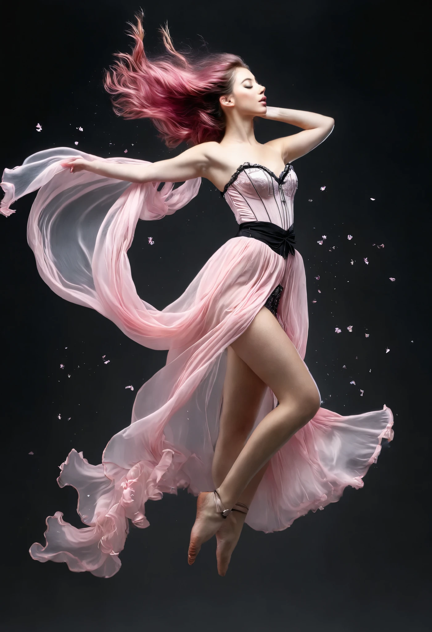 full body In a breathtakingly sharp 8K resolution, capture a stunning white woman suspended in mid-air against a stark, plain black background. Her long, wavy dark pink hair cascades down her back like a waterfall of nightfall hues. She wears a delicate light pink corset and a flowing ribbon dress that drapes elegantly around her form. A halo of light pink ribbons floats serenely around her, as if carried by an invisible breeze. Her hyper-detailed facial features shine with a gentle glow: rose-kissed cheeks, a nose, and luscious pink pouty lips that seem to whisper secrets to the universe. bare feet, which appear to defy gravity as she floats effortlessly in mid-air. full body. eyes. open