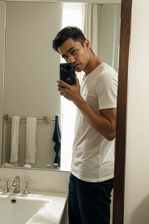 Arafed man taking a selfie in a mirror with a camera, desaturated!!, Image en noir et blanc, very very low quality picture, Poor quality photography, desaturated!, selfie miroir, Photo de profil 1024px, Ansel ], desaturated, Autoportrait!!!!, very accurate photo, inspired by Adam Szentpétery, Ancienne photo, Image frontale