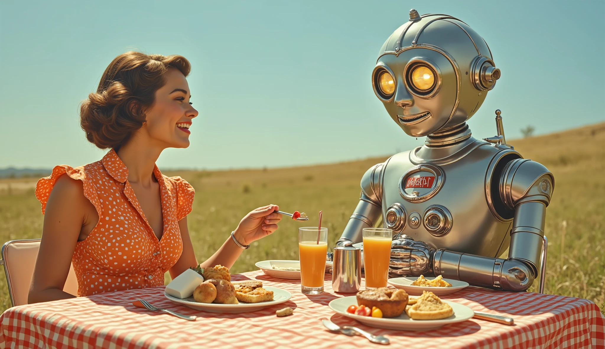 cheerful retro-futuristic picnic scene with a smiling woman in an orange polka dot dress sharing a meal with a silver robot, vintage-style food and drinks on a checkered tablecloth, clear blue sky and wide open field in the background, soft afternoon light, wholesome 1950s family atmosphere, stylized robotic design with glowing yellow eyes, cinematic framing with bright colors and nostalgic charm