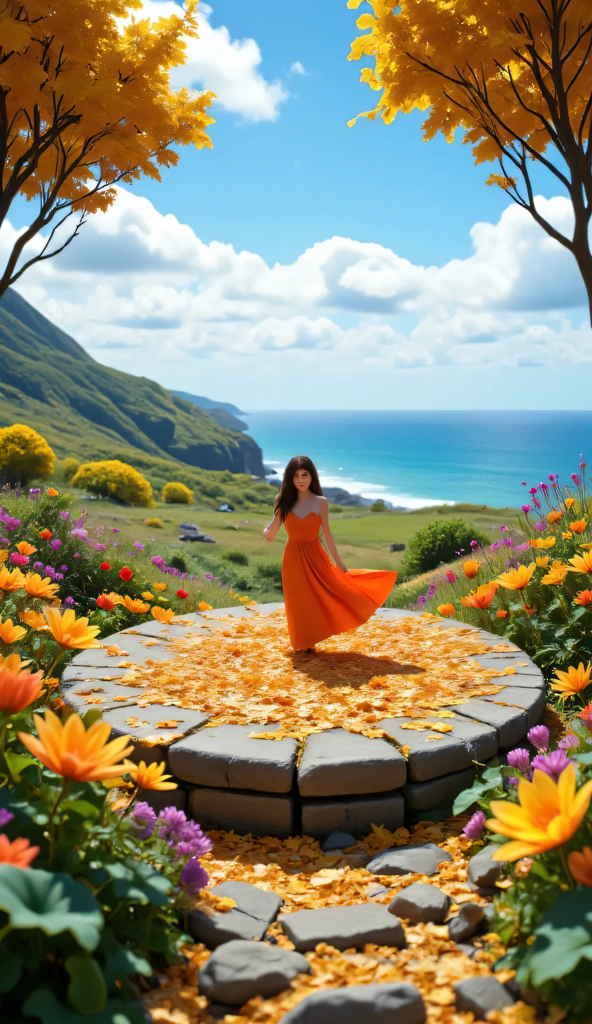 masterpiece、best image quality、夏の Scenery画像 、 fallen leaves on the plateau  Scenery、 woman in orange dress、 fallen leaves on the plateau 、  Scenery、Colourful wild grass flower、pictures of trees and flowers、  deeply written  、high definition、yellow lotus flower different color、photorealism、very well detailed、Art Station、The person is small 、 complicated 、High detail、The ocean can be seen in the distance。