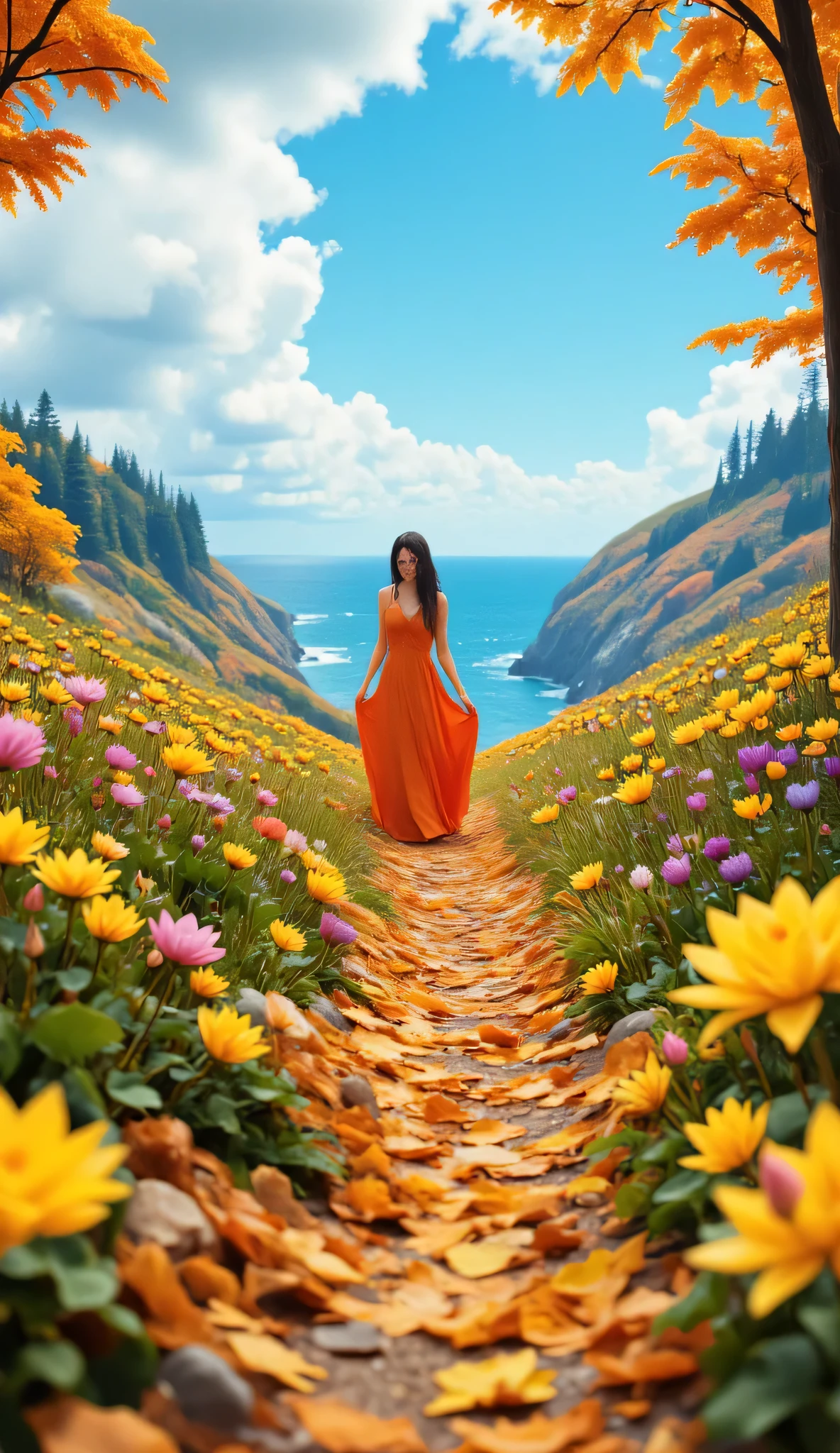 masterpiece、best image quality、夏の Scenery画像 、 fallen leaves on the plateau Scenery、 woman in orange dress、 fallen leaves on the plateau 、 Scenery、Colourful wild grass flower、pictures of trees and flowers、 deeply written 、high definition、yellow lotus flower different color、photorealism、very well detailed、Art Station、The person is small 、 complicated 、High detail、The ocean can be seen in the distance。
