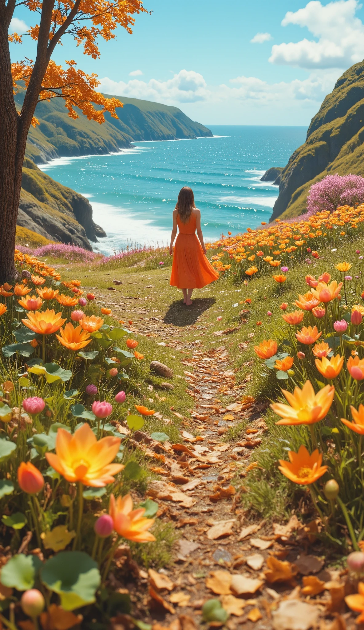 masterpiece、best image quality、夏の Scenery画像 、 fallen leaves on the plateau Scenery、 woman in orange dress、 fallen leaves on the plateau 、 Scenery、Colourful wild grass flower、pictures of trees and flowers、 deeply written 、high definition、yellow lotus flower different color、photorealism、very well detailed、Art Station、The person is small 、 complicated 、High detail、The ocean can be seen in the distance。