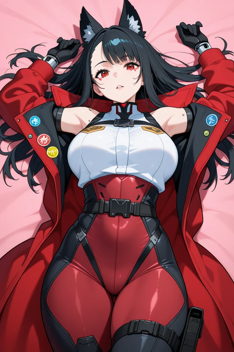 1人、Arm up、bangss、body suit、breastsout、Navel concealment、cropped jackets、gloves、Impossible bodysuit、jaket、huge tit、Long、long-sleeve、Viewer's Perspective、Sprawl、mideum breasts、laying on back、Parted lips、pink bodysuit、Pink eyes、Black hair、Puffy sleeves、a red jacket、Shrug \(vestments\)、skin snug、独奏、Twin-tailed、alice \(Nicke\)、(masterpiece: 1.4)、(top-quality: 1.4)、(shinny skin)、life-like