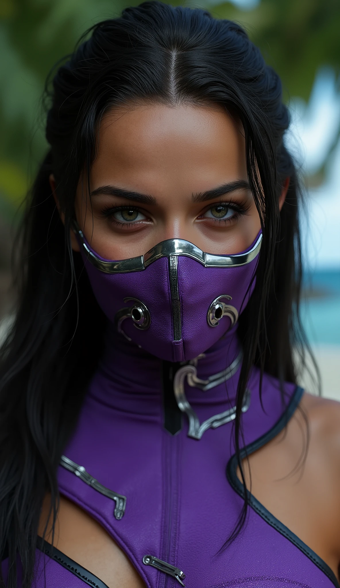 Hyper-realistic photographic style. like Mileena Mortal Kombat. close up of her face and upper body. Extremely realistic purple mask and silver details. flawless skin texture. fundo: praia densa, Greg Rutkowski style . dramatic lighting. 8k. 8k, rendered on Unreal Engine 5 , realistic background, Ultra-detailed Textures , cinematic lighting