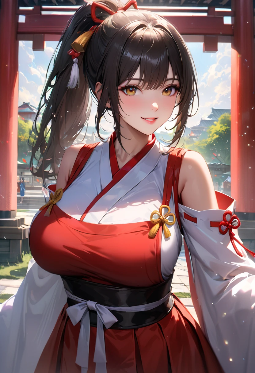 (masutepiece:1.3, Photorealsitic:1.4, 8K), top-quality, ​masterpiece, 超A high resolution, Perfect dynamic composition, Highly detailed skin and facial texture:1.3, A detailed eye, Detailed limbs, Night precincts in snowy country:1.2, 1girl in, Cute sexy 22 year old slim woman, Fair skin, ((Natural smile:0.9, Totally captivates you:1.0)), ((accurate shrine maiden costume)), ((voluptuous breasts:0.9)), (Facing the front, sexy pose), (Beautiful blue eyes, Eyes that feel beautiful eros:0.85), Sexy face:0.4, (A mouthfeel that feels beautiful eros:0.85), ((Too cute beauty:0.9)), NSFW, No bra, Erotic, sexual
