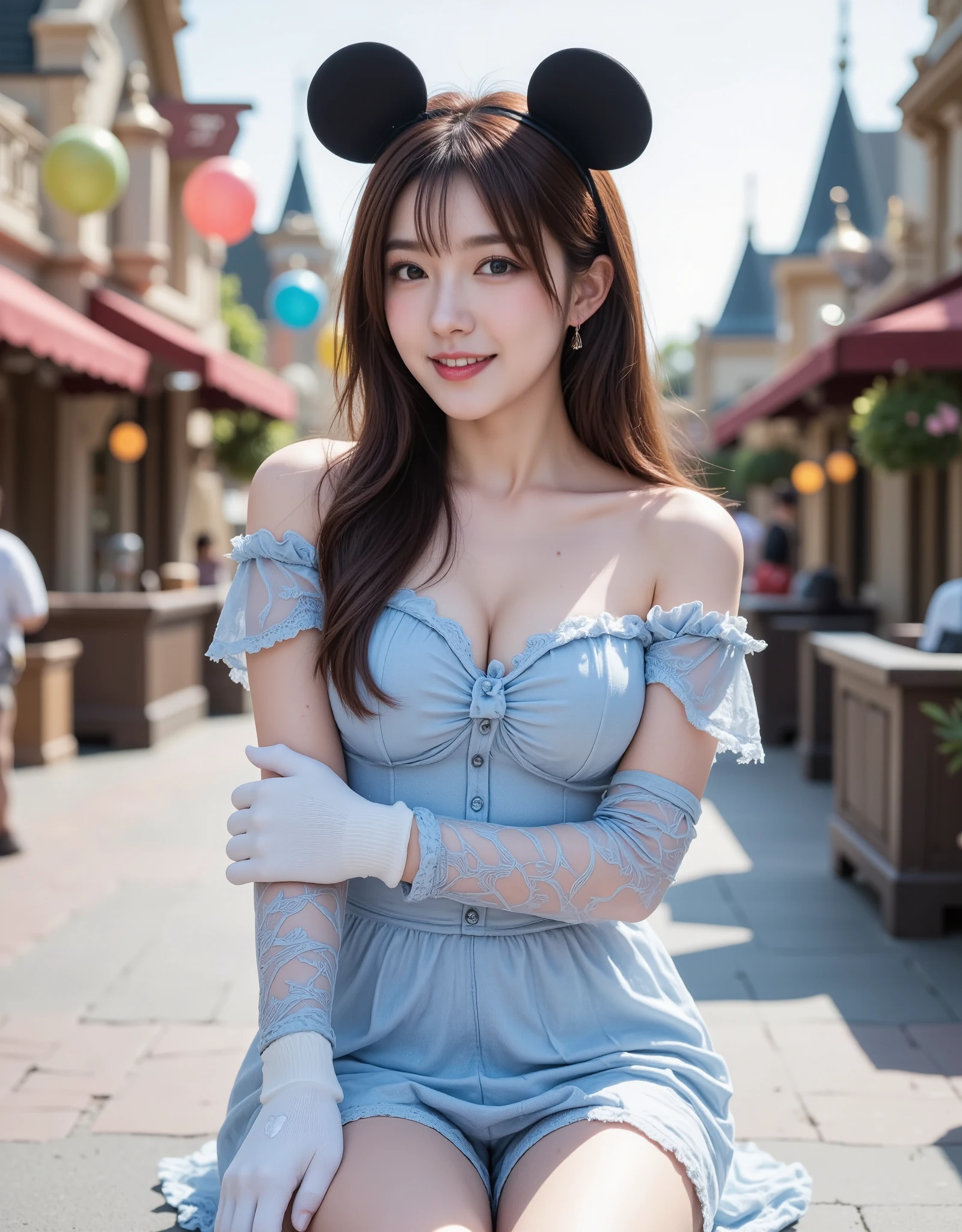 ((Night Scene, Realistic Light, Best Quality, 8K, Masterpiece: 1.3)), 1 Girl, Slim Body Beauty: 1.4, (Brown Hair, Middle Breast: 1.3), Off-Shoulder Cut Top: 1.3, Dress: 1.4, Cleavage, Ultra Detailed Face, Detailed Eyes, Double Eyelids, Legs: 1.3, necklace, Red Cheeks: 1.3, open mouth, white teethes, Disneyland:1.3, Horse carriage: 1.1, Sofa, Mickey head band: 1.4, angry: 1.3, mickey mouse tattoo: 1.2