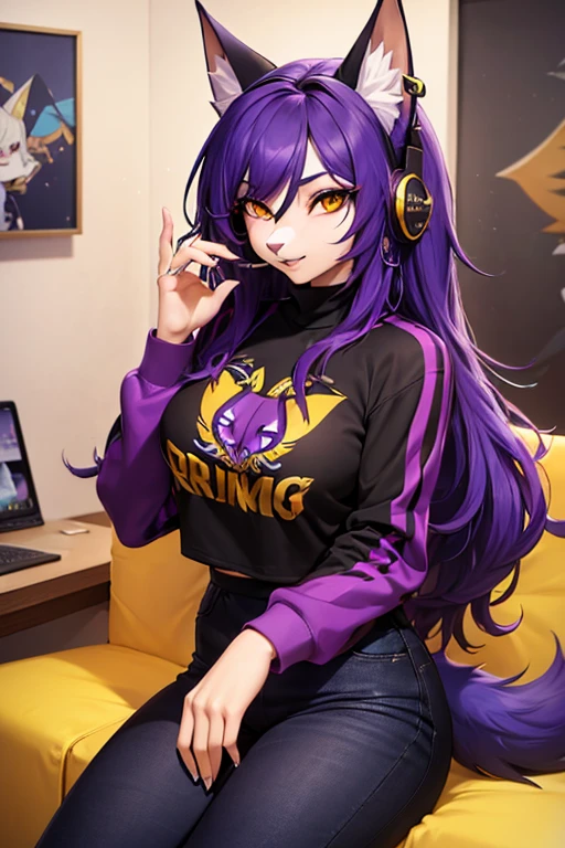 (work of art, Maximum quality, best qualityer, offcial art, beautiful and aesthetic:1.2) A Furry Gamer Shark, Using a Black and Gold Headset, Long Light Purple Hair, Caucasian skin, gold eyes, Wearing a Black Sweatshirt and Dark Blue Jeans.