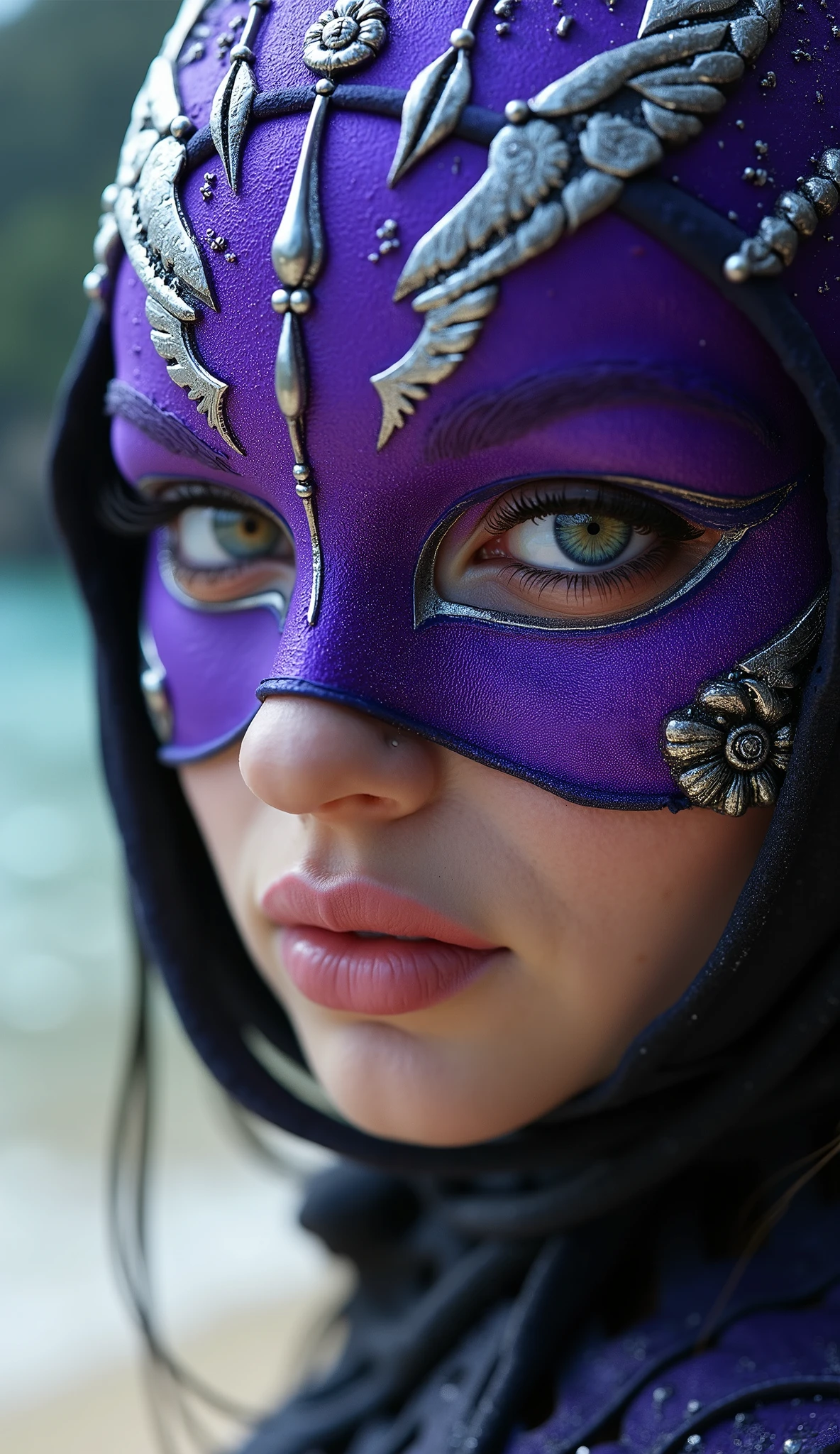 Hyper-realistic photographic style. like Mileena Mortal Kombat. Close-up do rosto. Extremely realistic purple mask and silver details. flawless skin texture. fundo: praia densa, Greg Rutkowski style . dramatic lighting. 8k. 8k, rendered on Unreal Engine 5 , realistic background, Ultra-detailed Textures , cinematic lighting