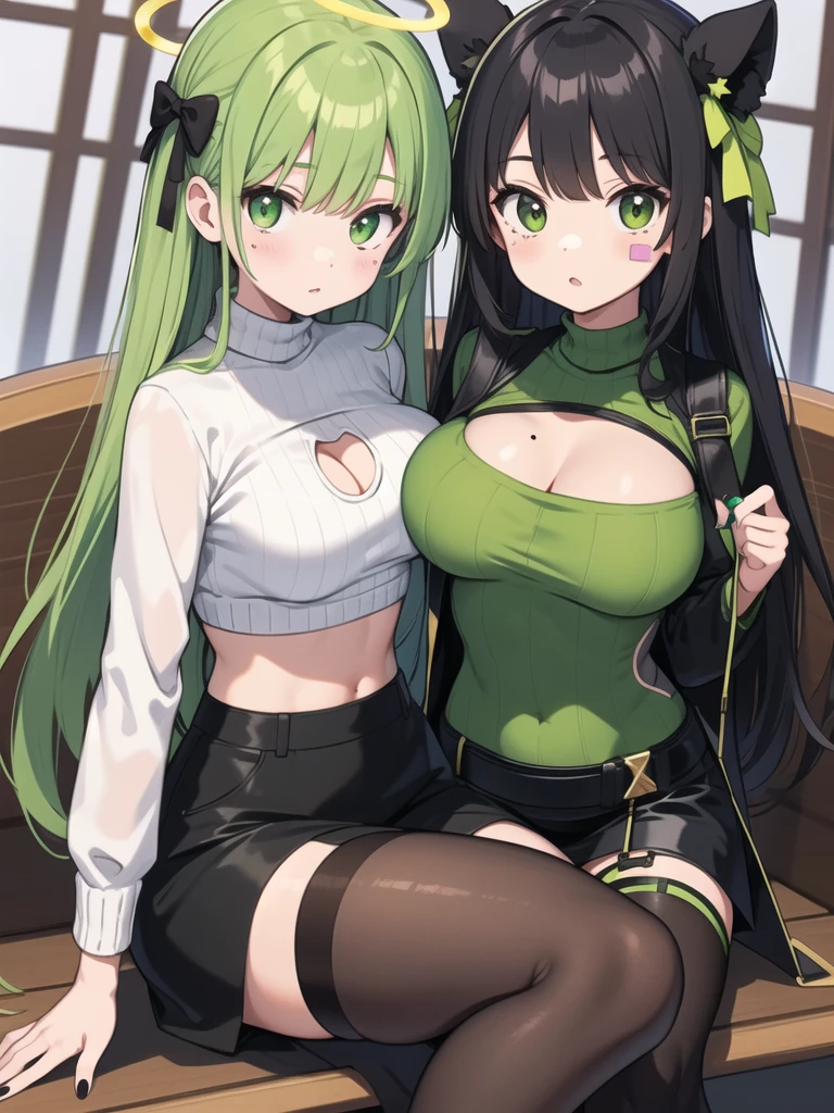 2 girls, black skin color, black and light green hair, fancy faces, neat bodies, boobies, black shirts, full gloves, The eyes, complete body.