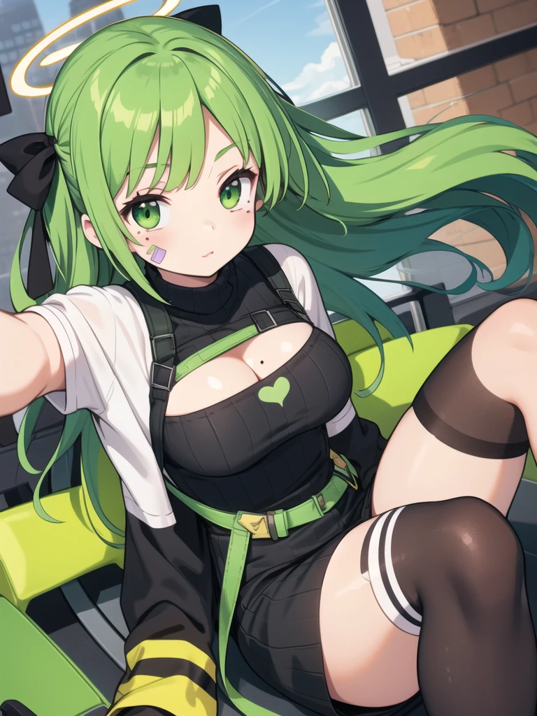 Karma is a teenage girl with a medium build and a medium skin tone. She has knee-length, straight, neon green hair that is parted down the middle and light brown eyes. Her makeup consists of warm brown eyeshadow, with graphic neon green liner, and red lipstick topped with iridescent green glitter. Her preferred style is described as being trendy and fashion-forward. Karma mainly wears a Mindoro green mesh top with white straps printed with the word "RAINBOW." She wears a three-layered skirt, the first layer being ripped lime leather with a black belt, the second being lime-colored sparkly tulle gong down below her knees, and the third layer being a plain lime, mini-pencil skirt. Her short fishnet socks are white with the word "rainbow" written on top, and pairs of lime heels with black and lime straps.