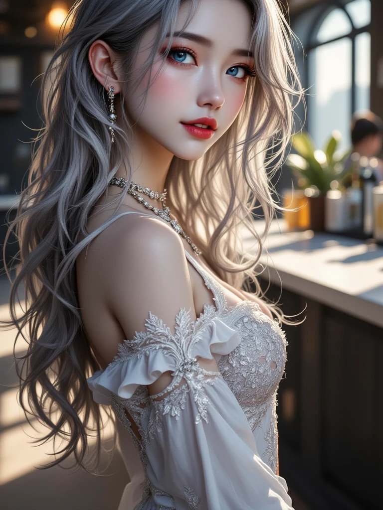 Blue lace thong&good, (((Very elegant and beautiful, Perfect detail, Very detailed))), whole body, The most detailed girl, Written boundary depth, 美しく詳細なwhole body, Thin legs, 1 Girl, 30 years old, Very short hair, Spiked Hair, Gray and silver hair, Beautiful detailed hair, Perfect Face, Expressionless, Beautiful, detailed, deep eyes, Please open your mouth a little, Delicate arms and hands, Pale skin, Earrings, Beautiful and gorgeous necklace, Colorful background, HD background, Blurred Background, Very delicate and beautiful, masterpiece, (((Highest quality, Very beautiful 8K CG wallpaper))), (((Trendy hairstyles))), (Inside the room,Stylish interior,window),