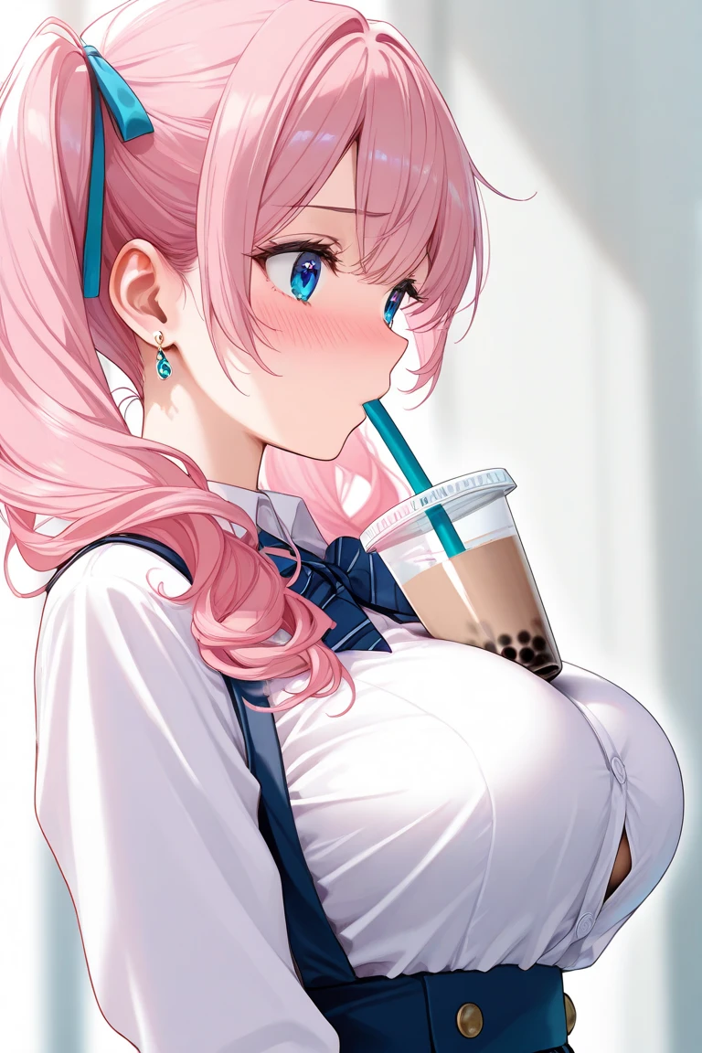 score_9、score_8_up、score_7_up、score_6_up、source_アニメ、garden、(Proud)、defwhitney、Pink Hair、Low Twintails、hair ornaments、White shirt、Short sleeve、Blue shorts、(Large Breasts)、Cleavage、Hold your chest、Staring at the audience、Bubble Tea Challenge、、Goblet of Semen、Expressive、Drink through a straw、Hearts in eyes、Blush with joy、Wet