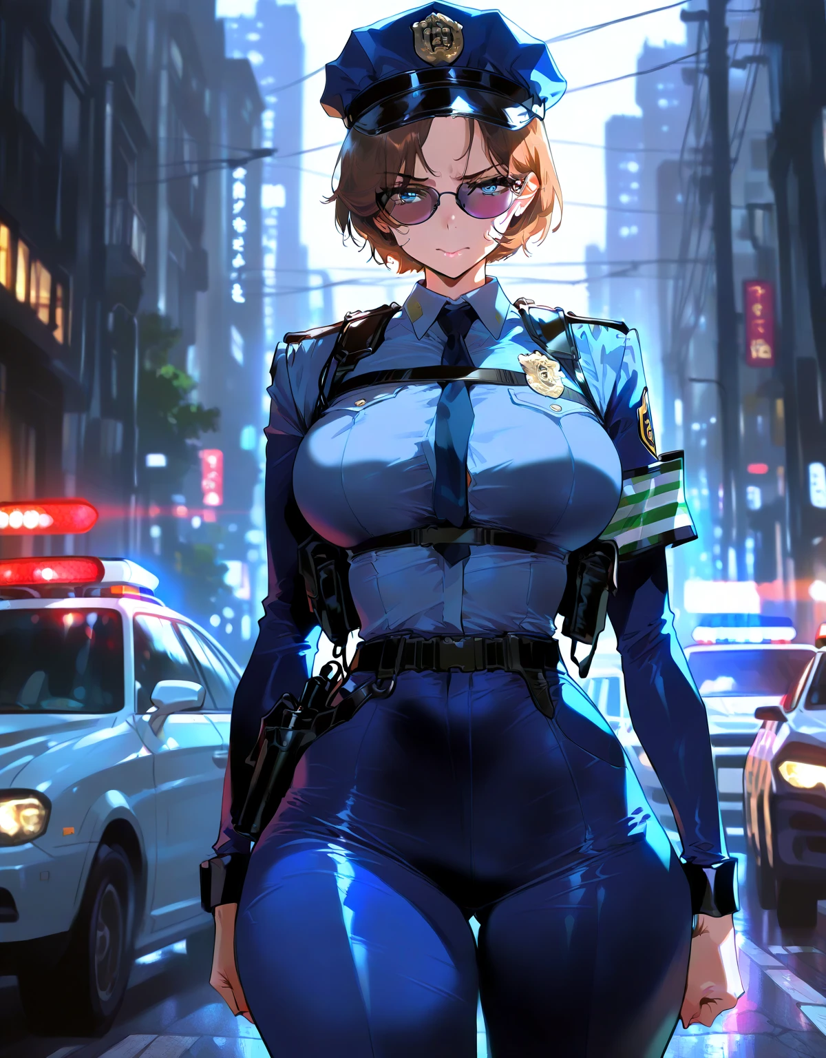 (​Masterpiece), (top quality), sunset, natural lights, ,(realistic:1.5), Makoto Niijima as an incredibly beautiful police officer, blue police uniform, short skirt, wearing an unbuttoned police uniform, cleavage, sexy, blue eyes, smiling, sexy pose, athletic, looking at viewer, eye contact, modern metropolis, Night, neon lights, detailed modern day city in background, seductive, Seductive_pose, natural lights, big breasts, high saturation, precise hands, bright eyes, ultra-definition, superior resolution, soft lightning