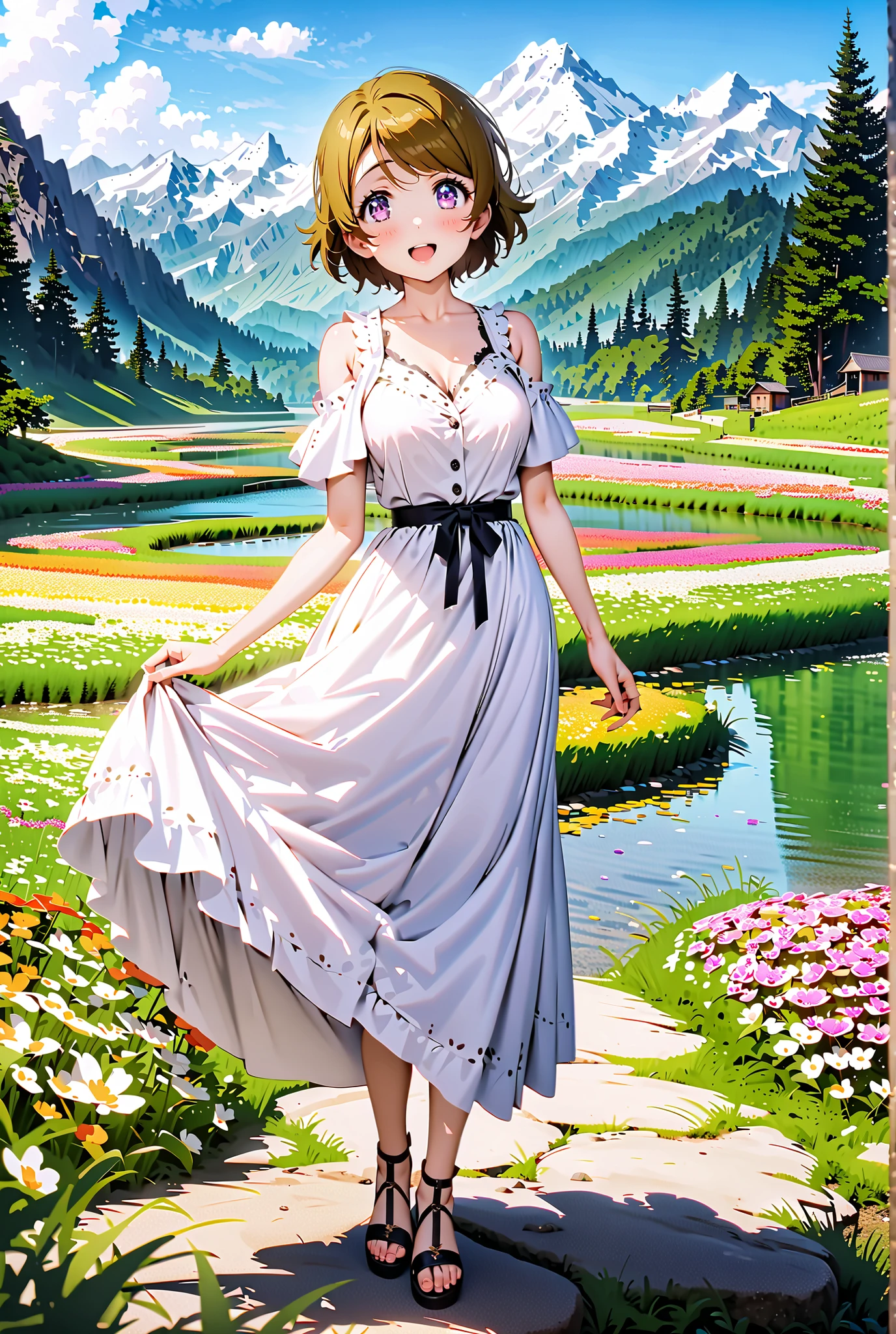 Hanayo Koizumi, short hair, brown hair, purple eyes,Medium breast, White Off Shoulder Dress, white long skirt,Heeled Sandals,standing,smile,cover,opens her mouth,noon,Flower Field,Mountain,river,nature,full bodyがillustrationsに入るように,break outdoors,nature,,
break looking at viewer,full body,
break (masterpiece:1.2), of the best quality, high definition, Unity 8k 壁紙, (illustrations:0.8), (beautiful detailed eyes:1.6), Highly Detailed Face, so that it fits into the illustration, Extremely Detailed CG, (perfect hand, Perfect Anatomy),
