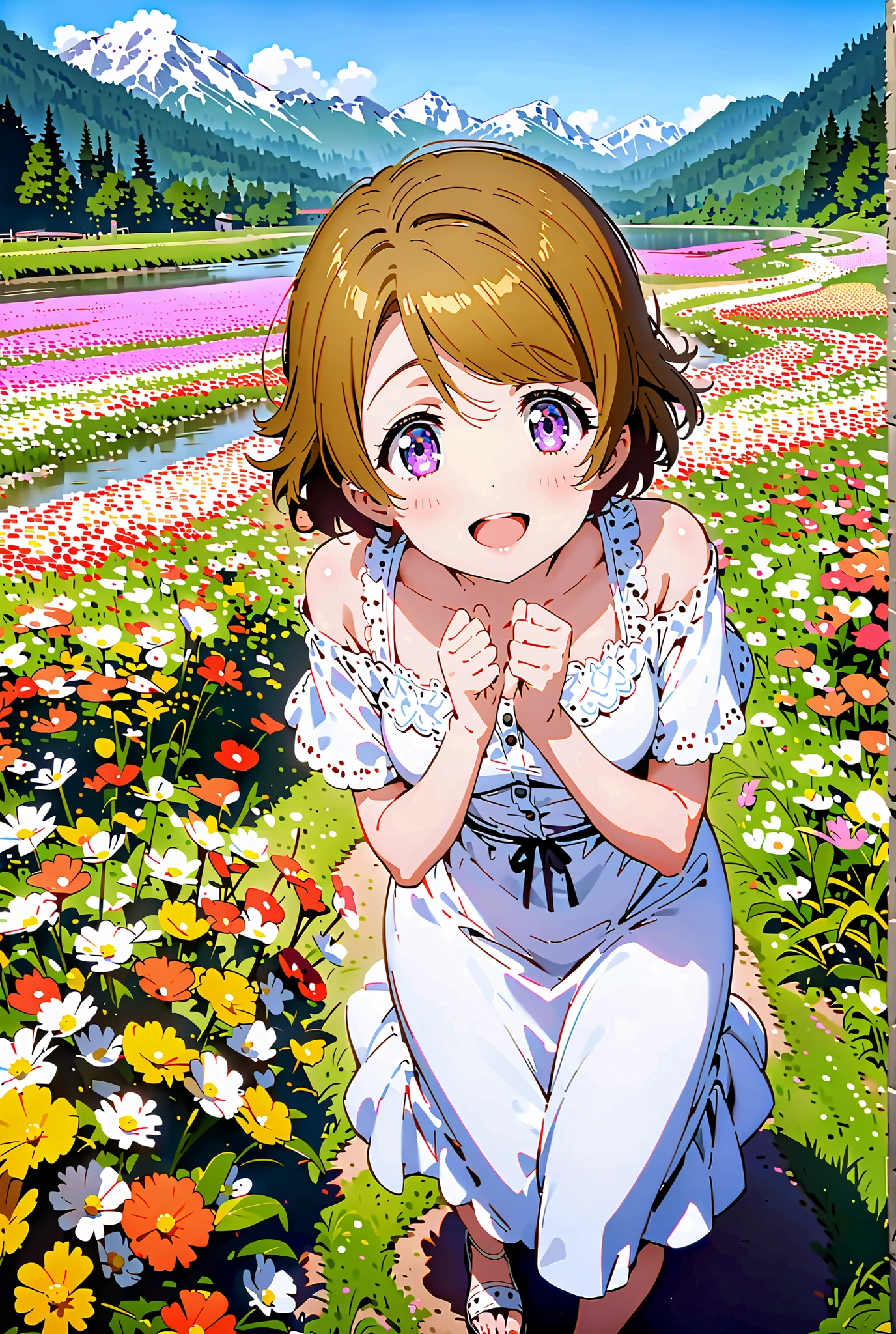 Hanayo Koizumi, short hair, brown hair, purple eyes,Medium breast, White Off Shoulder Dress, white long skirt,Heeled Sandals,standing,smile,cover,opens her mouth,noon,Flower Field,Mountain,river,nature,full bodyがillustrationsに入るように,break outdoors,nature,,
break looking at viewer,full body,
break (masterpiece:1.2), of the best quality, high definition, Unity 8k 壁紙, (illustrations:0.8), (beautiful detailed eyes:1.6), Highly Detailed Face, so that it fits into the illustration, Extremely Detailed CG, (perfect hand, Perfect Anatomy),