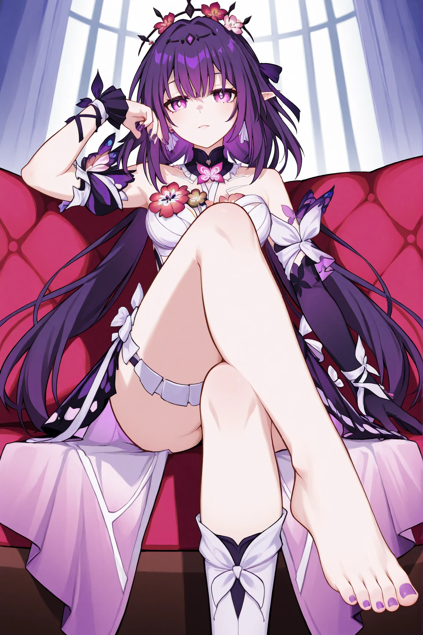Castorice di honkai Star rail, molto sexy, sitting with her legs crossed to show her very beautiful and sensual foot, toes posing with purple nail polish, With only one sock, melancholic look, outfit di castorice, occhi viola, purple hair , stile anime