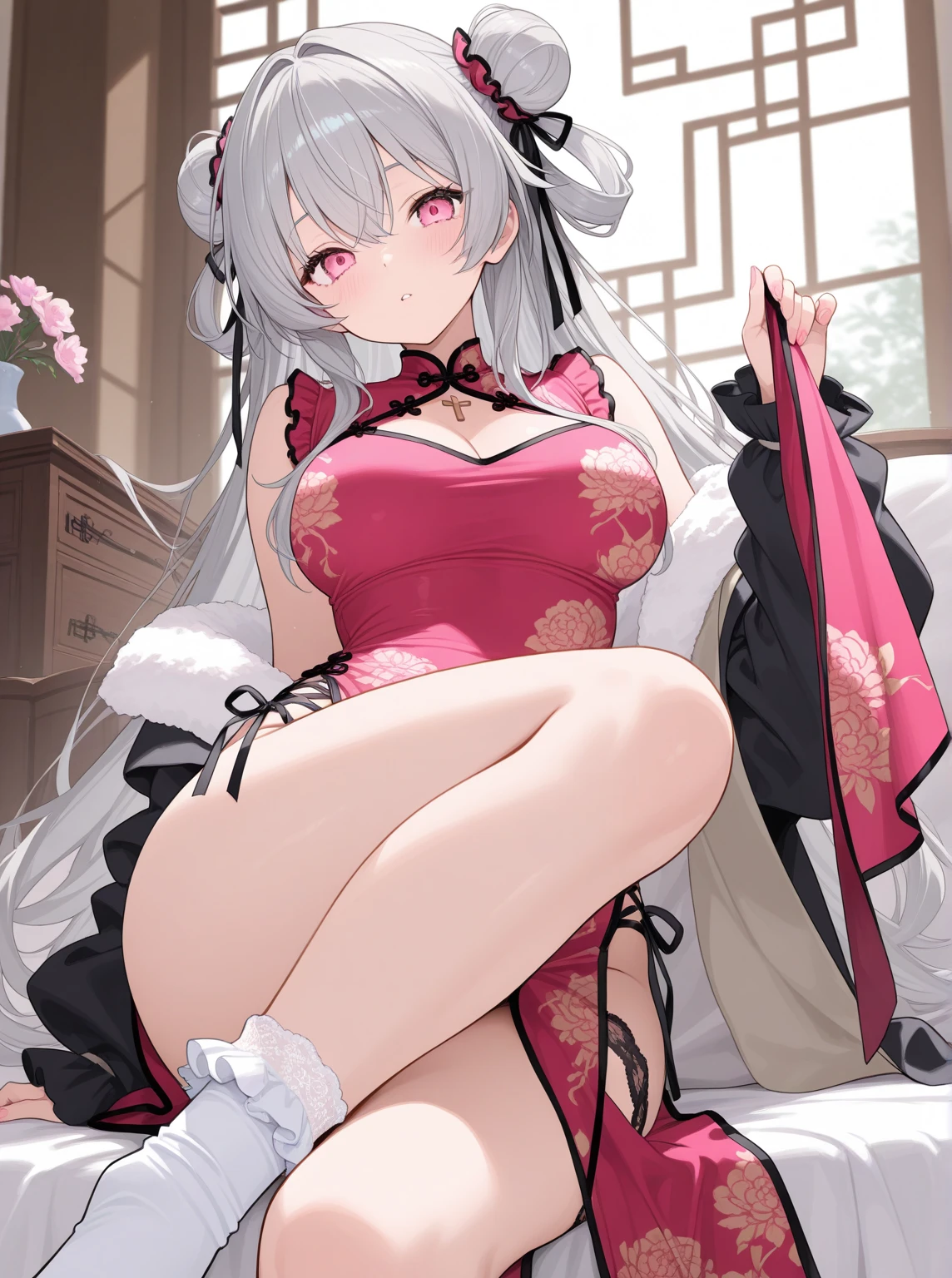 long leges,huge tit,long whitr hair,on cheongsam,