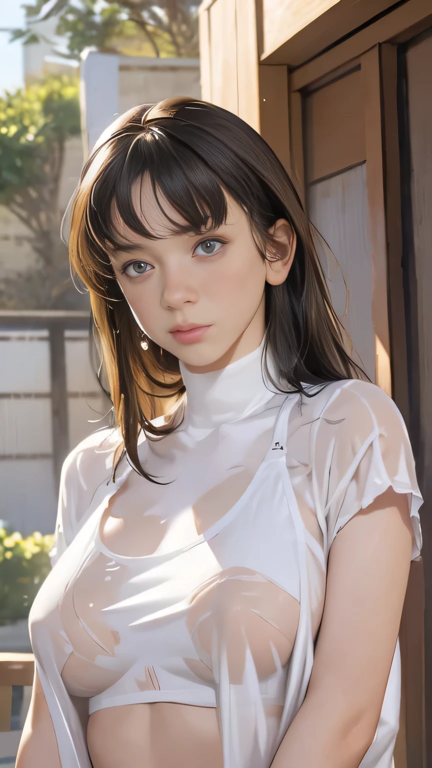 Very detailed, beautiful, highest quality, Professionally taken photos, Like a poster, detailed beautiful round eyes, beautiful detailed face, Whole Body Ezbian, Medium Long Hair, Casual Hairstyles, (Random color hair, Golden mesh), Big eyes, Random color eyes, Long eyelashes, Thick mascara, Dark eyeliner, (Huge breasts), (Bust about to burst:1.4), Wide selection, Thick waist), (Wide Hips:1.4, Toned thighs, Body Curves), 40 years old, woman, (White tight dress, white), Perfect Face, Perfect body, Sexy pose, (A shy smile), Random Location, nature, (alone), The light on my face,