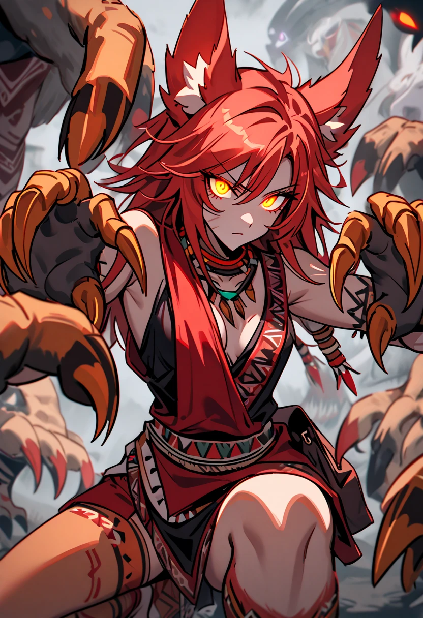 (a woman with dark skin and animal-like features, sporting intriguing animal ears and red scars on his face, full body, tribal clothes)