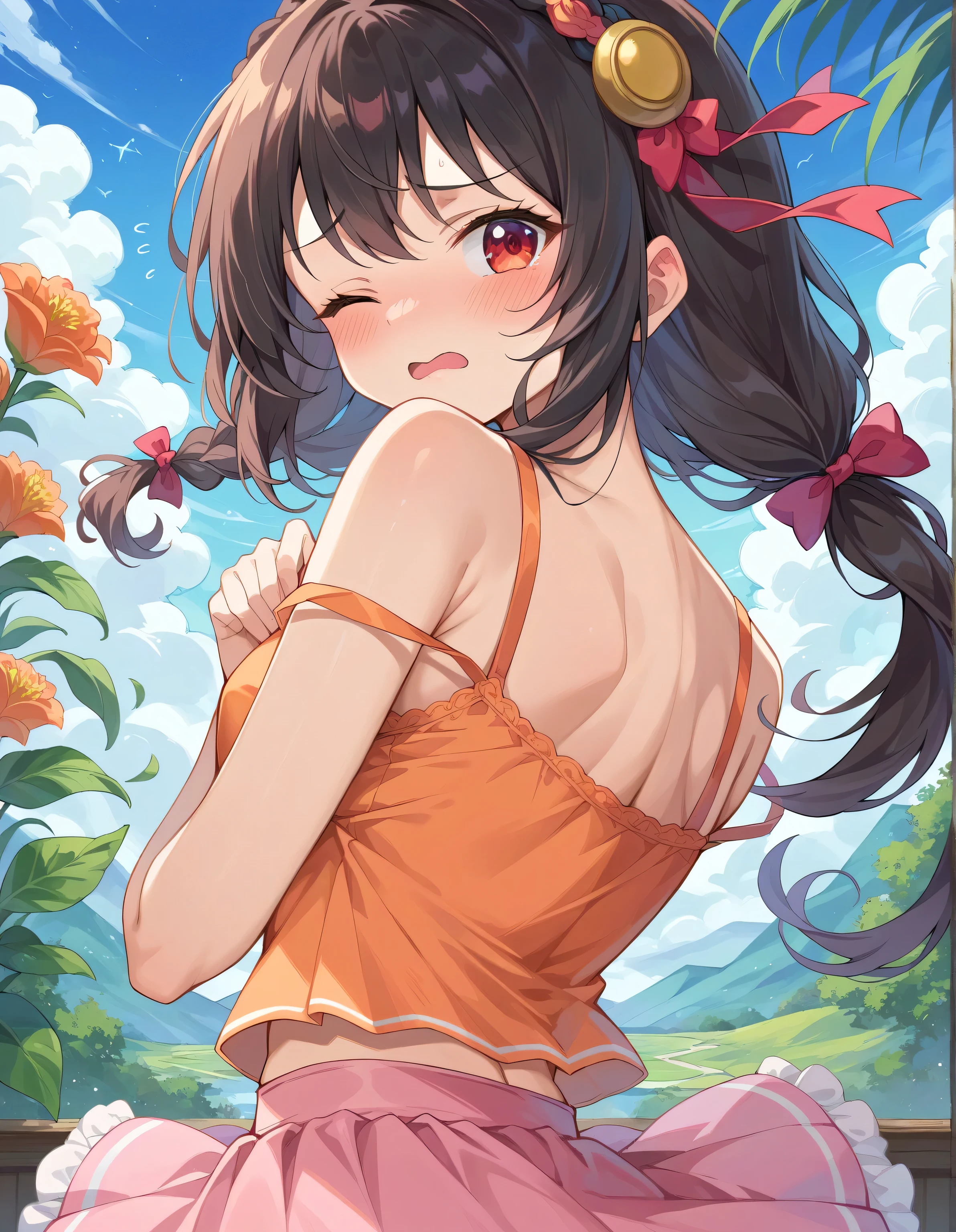 high image quality,high quality、
Yunyun、 (One person)、black hair, Hair Accessories, red eyes, (transparent orange camisole)、See viewer、(blush:1.2),blue sky、(embarrassed)、opens its mouth and laughs、noon、one eye closed、pink skirt、(look back:1.2)、 Tulip Field