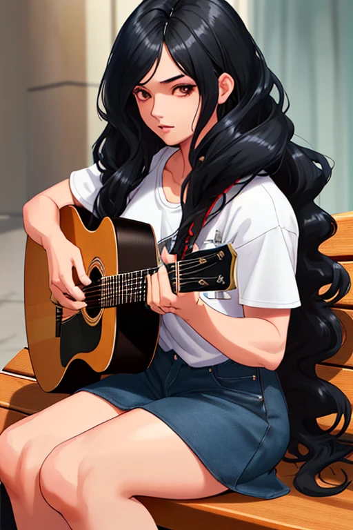 Splatter backgrounds and spray paint effects by Adam Hughes、Schoolgirl uniform、Center of upper body、Multi-coloured hair、Close ~ eyes、Big happy smile、watercolor画、watercolor、watercolorスタイル、watercolorの詳細なアート、watercolorデジタル画、watercolor絵の具、非常に詳細なwatercolor画、watercolor、Japanese women、18-year-old、Long Hair、guitar、Dynamic pose。