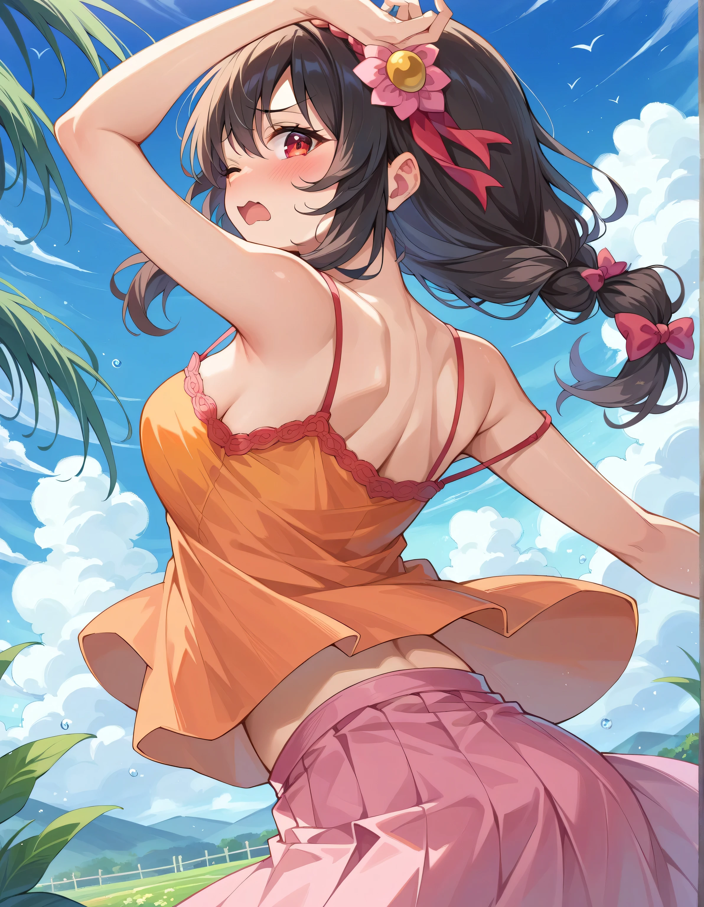 ((Best Quality)), (ultra-detailliert), ((Extremely detailed)), (Beautiful), ((Kawaii Girl)),(two side up hair)、((masutepiece)), (Detailed eyes and skin), ultra high res, adsurdres, (((vibrant colours))), bright colours, 1girl, human, human skin colour, solo, heart-shaped pupils, (Heart-shaped pupils:0.9), fingernails, (blush:1.1)(speed lines:1.1)((heavy breathing:1.3)) purple long hair, purple eyes, smug face, choker, cute top, gym top, revealing, shoulder cut dress, shoulders visible, cleavage visible, (underboobs visible), cleavage cutout, underboobs, midriff, abs, slight muscles, light muscular, Showing the belly, light muscles, (((muscular abs))), bloated abs, bulging abs, bloated belly, bulging belly, bloated belly with a silhouette of visible abs, slim waist, thin back, accurate belly button, accurate lower belly, (((abs))), (((accurate belly button))), round belly, panty strings, gym shorts, thighs, clean body, sexy pose, aroused, arousing, background is an alley in a garden, detailed sunlight, sitting, dappled sunlight, day, depth of field, plants, summer, (dutch angle), kipteitei, dappling sunlight, Background Chinese Antiquity、thatched hut、springtime、jungles、lakes、hole in the mountains、waterfallr,The tree、grassy fields、Rochas、hot onsen、hydrosphere、(illustratio:1.0)、Epic composition、Realistic lighting、high definition detail、tmasterpiece、Best quality,(非常详细的 CG 统一 8k 壁纸), by (by Pino Daeni, (by ruaidri), yupa, kiyosan), detailed background, anime, (dark shadows, wide dynamic range, hdr, low light:1.2).