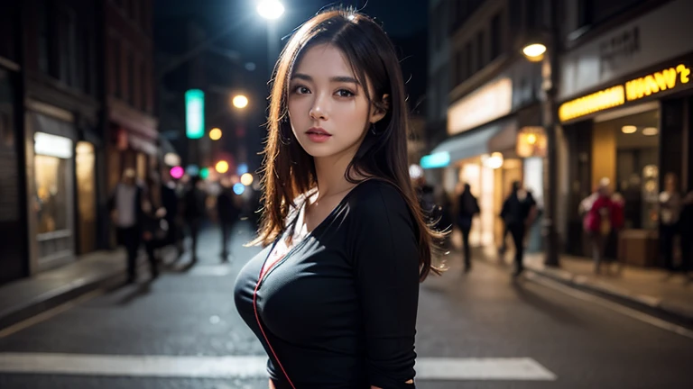 (Cinematic Aesthetic:1.4) Photo of a beautiful korean fashion model bokeh city night, giga_busty