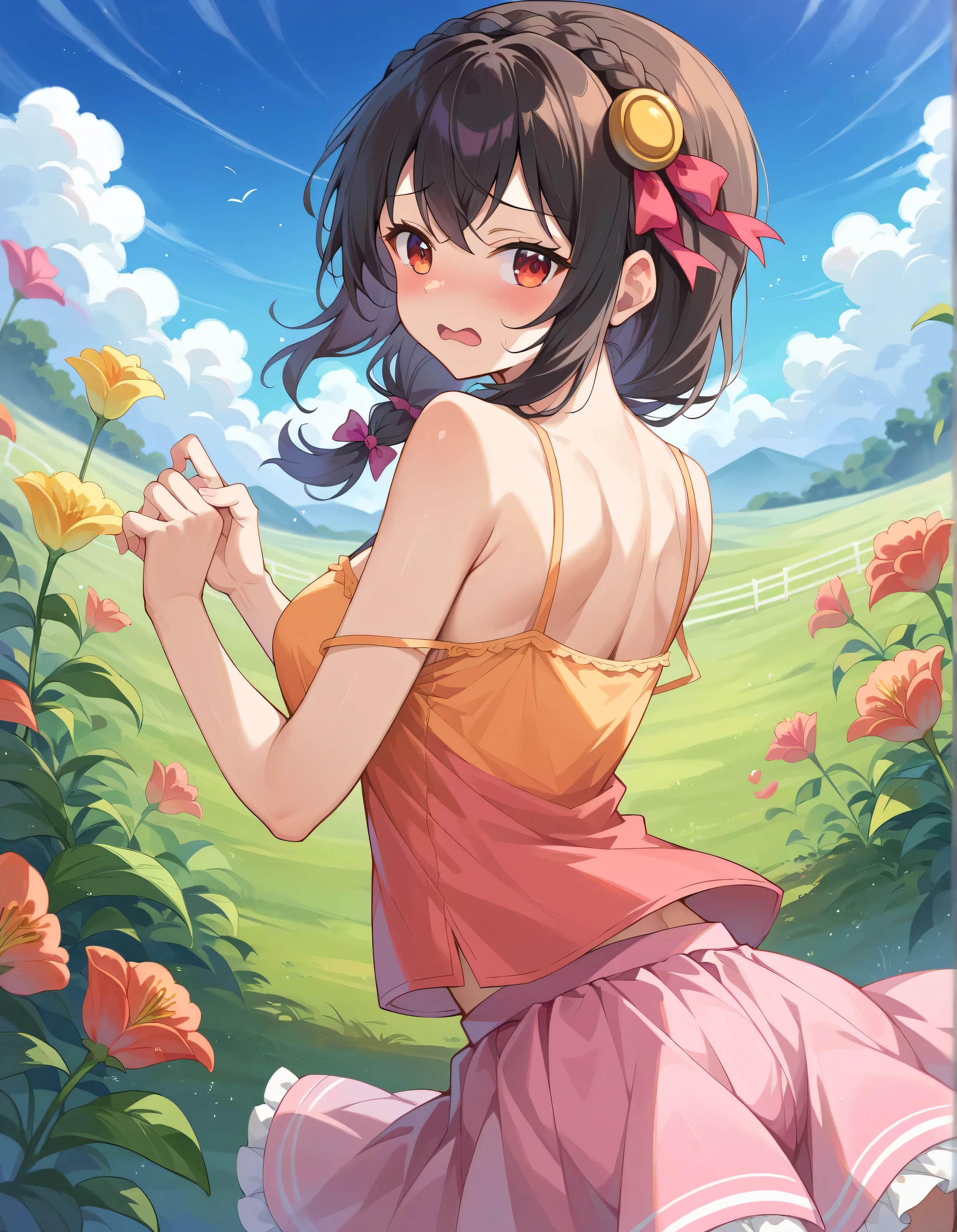 high image quality,high quality、
Yunyun、 (One person)、black hair, Hair Accessories, red eyes, (transparent orange camisole)、See viewer、(blush:1.2),blue sky、(embarrassed)、opens its mouth and laughs、noon、one eye closed、pink skirt、(look back:1.2)、(tulip field:1.2)