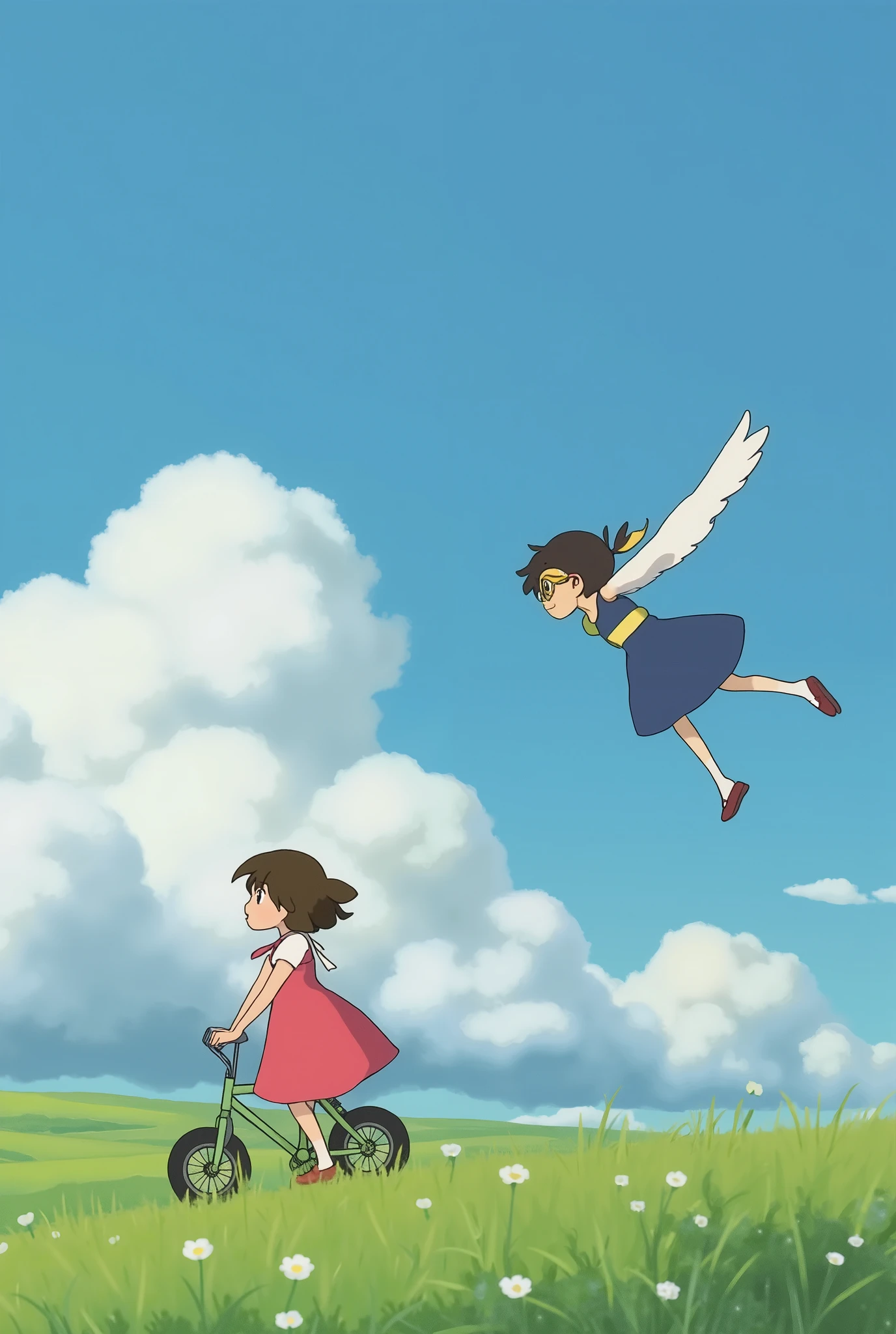 landscape, Little Bike, Woman Wearing Goggles, Studio Ghibli Produced, of the best quality, masterpiece, very aesthetic, Perfect Composition, Flying gracefully through the sky Little Brother Watching