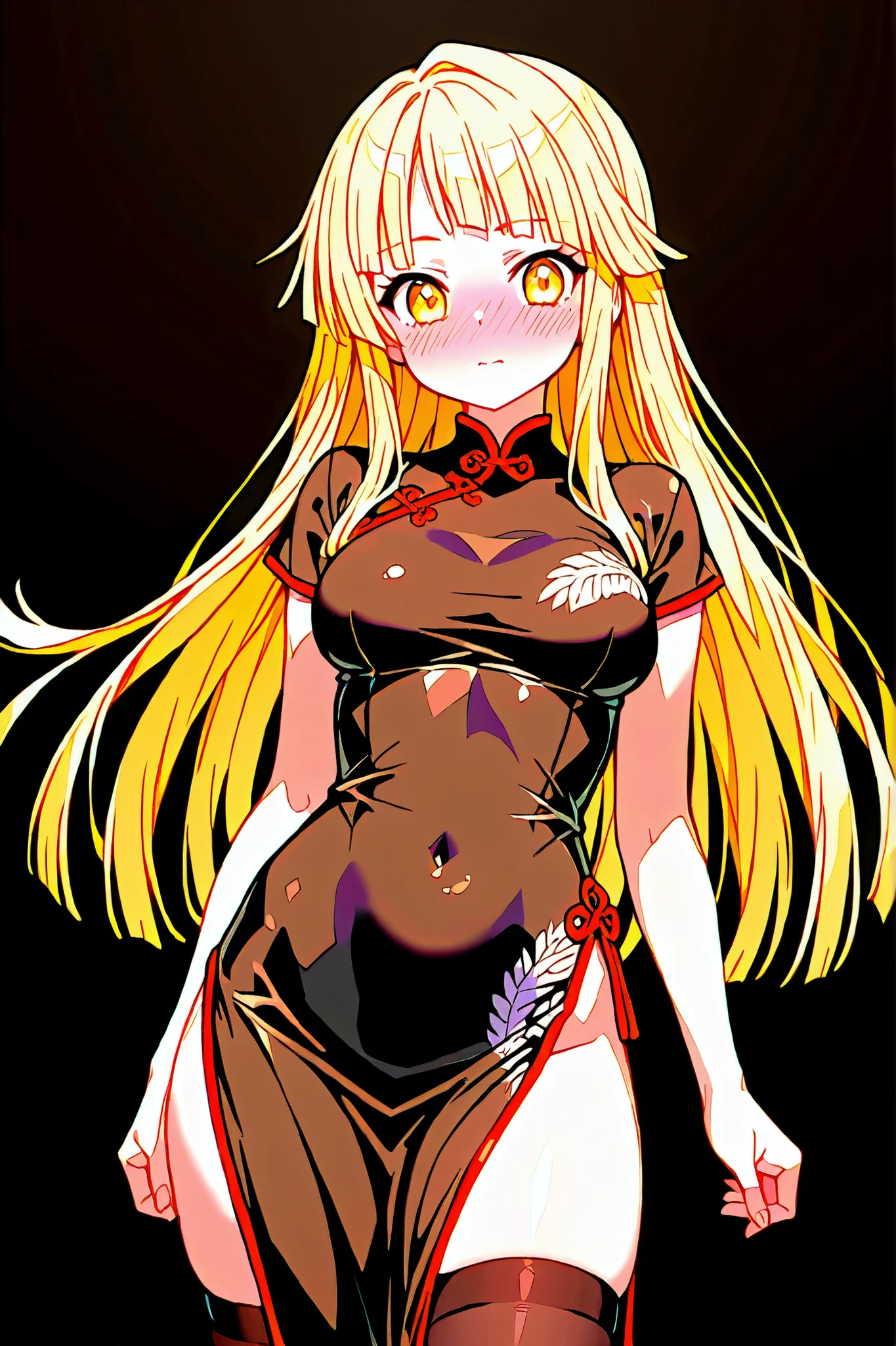 Portrait of People,(8k, best quality, masterpiece:1.2),\(Eye details\),\(Facial features details\),(\(Service Details\)\),(1 girl:1.3),tsurumaki kokoro, pixel style ,pale body skin,face blush,medium breasts,(black Chinese cheongsam costume:1.25),,Black Stockings,(waist outcuting:1.2),(navel outcuting:1.1)