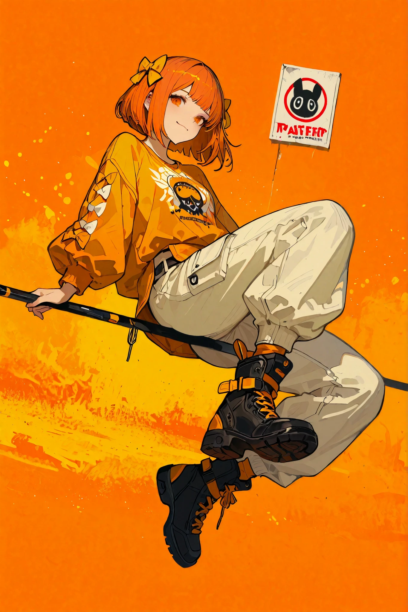 (masterpiece, best quality),(pop poster style),solo,sherryg,a girl riding on swings,pink orange bob hair,big warm orange eyes,gentle smile,wearing cool stylish clothes,orange fluffy shirt with white patterns,tiny long pants,nikkapokka style,black laser boots with orange bows,cute background,Dutch angle,intricate art work,detailed illustration,hand written sketch,HDR,8k