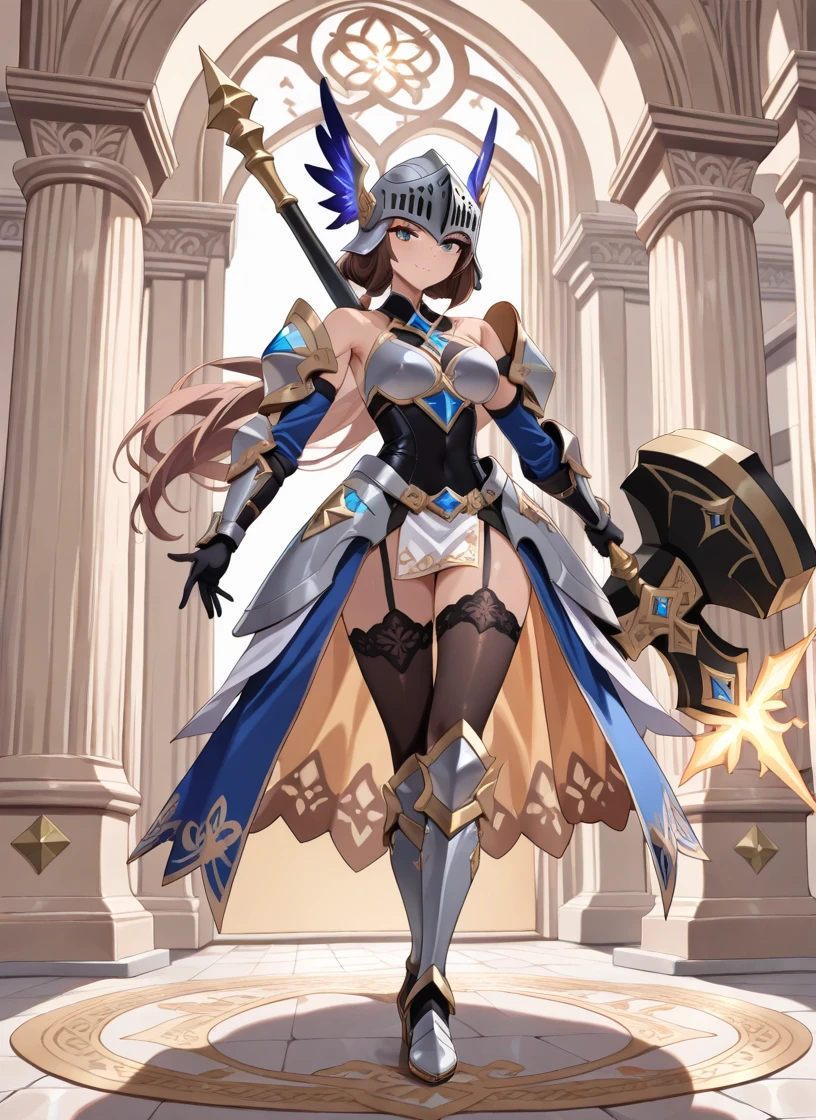 ((masterpiece:1.2)), ((highest quality)), concept art, character concept art, character sheet, (masterpiece), best quality, 1girl, solo, a girl in armor and a crown,white armor, golden decoration, off-shoulder, breasts, thighhighs, long hair, brown hair, sidetail, armored legs, cleavage, bare shoulders, zettai ryouiki, crown, gloves, armor, simple background, white gloves, high heels, shoulder armor