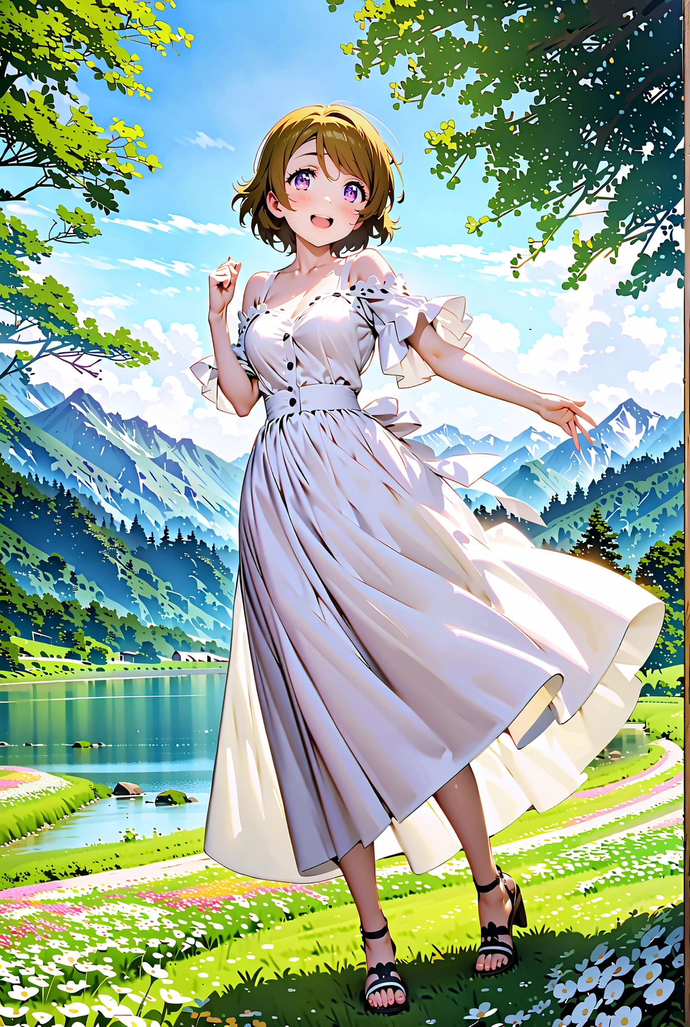 Hanayo Koizumi, short hair, brown hair, purple eyes,Medium breast, White Off Shoulder Dress, white long skirt,Heeled Sandals,standing,smile,cover,opens her mouth,noon,Flower Field,Mountain,river,nature,full bodyがillustrationsに入るように,break outdoors,nature,,
break looking at viewer,full body,
break (masterpiece:1.2), of the best quality, high definition, Unity 8k 壁紙, (illustrations:0.8), (beautiful detailed eyes:1.6), Highly Detailed Face, so that it fits into the illustration, Extremely Detailed CG, (perfect hand, Perfect Anatomy),
