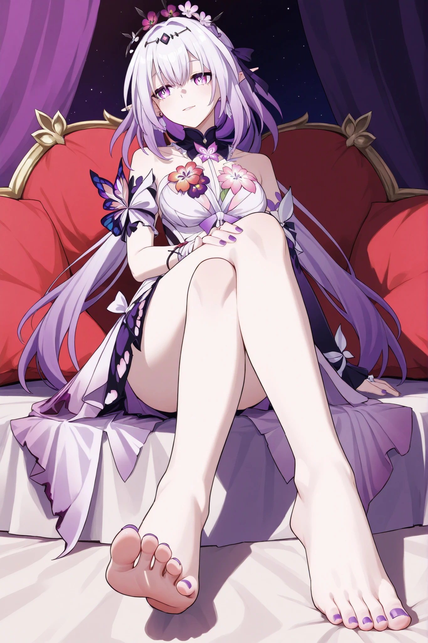 Castorice di honkai Star rail, molto sexy, sitting with her legs crossed to show her very beautiful and sensual foot, toes posing with purple nail polish, melancholic look, outfit di castorice, occhi viola, Lilac hair, stile anime