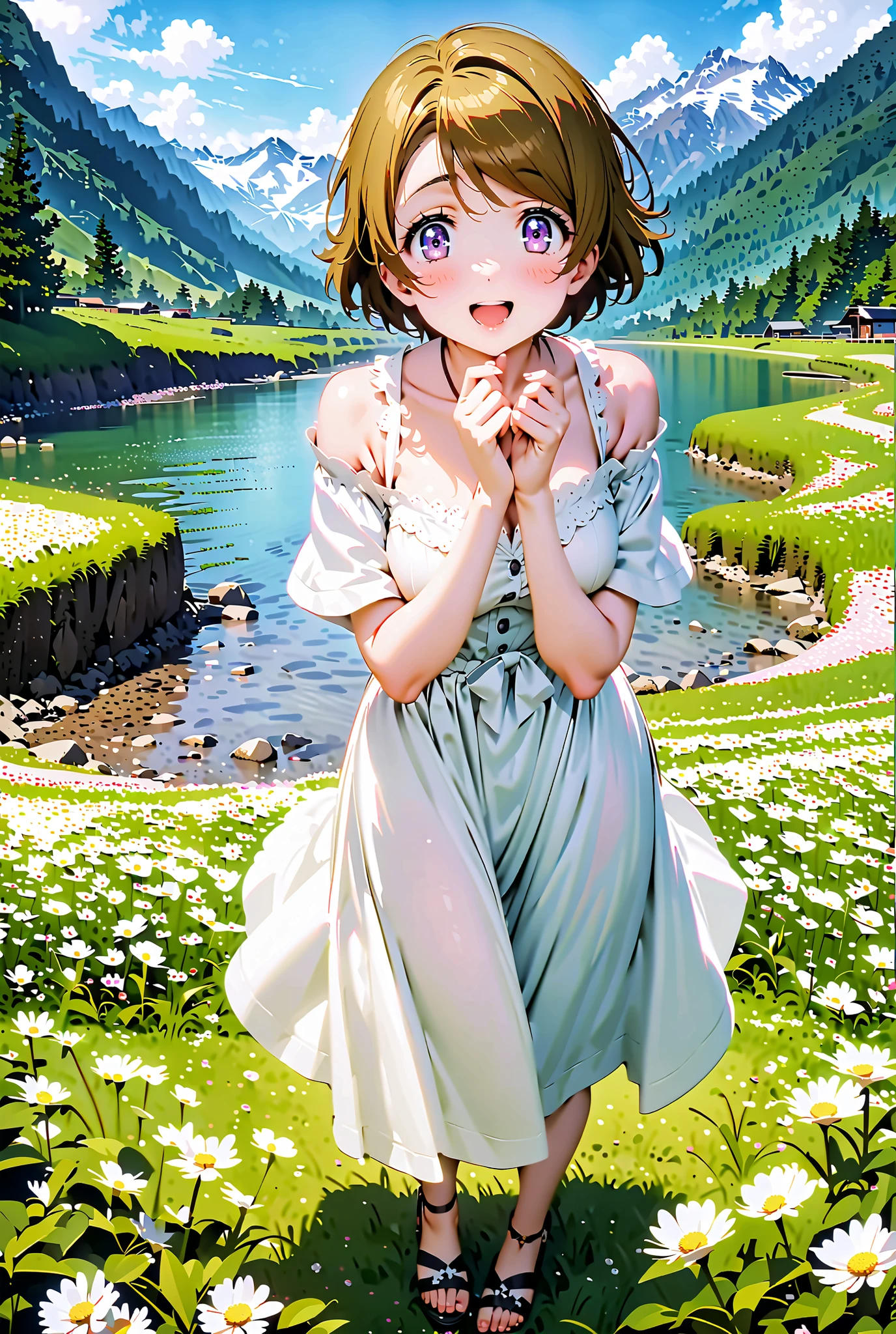 Hanayo Koizumi, short hair, brown hair, purple eyes,Medium breast, White Off Shoulder Dress, white long skirt,Heeled Sandals,standing,smile,cover,opens her mouth,noon,Flower Field,Mountain,river,nature,full bodyがillustrationsに入るように,break outdoors,nature,,
break looking at viewer,full body,
break (masterpiece:1.2), of the best quality, high definition, Unity 8k 壁紙, (illustrations:0.8), (beautiful detailed eyes:1.6), Highly Detailed Face, so that it fits into the illustration, Extremely Detailed CG, (perfect hand, Perfect Anatomy),