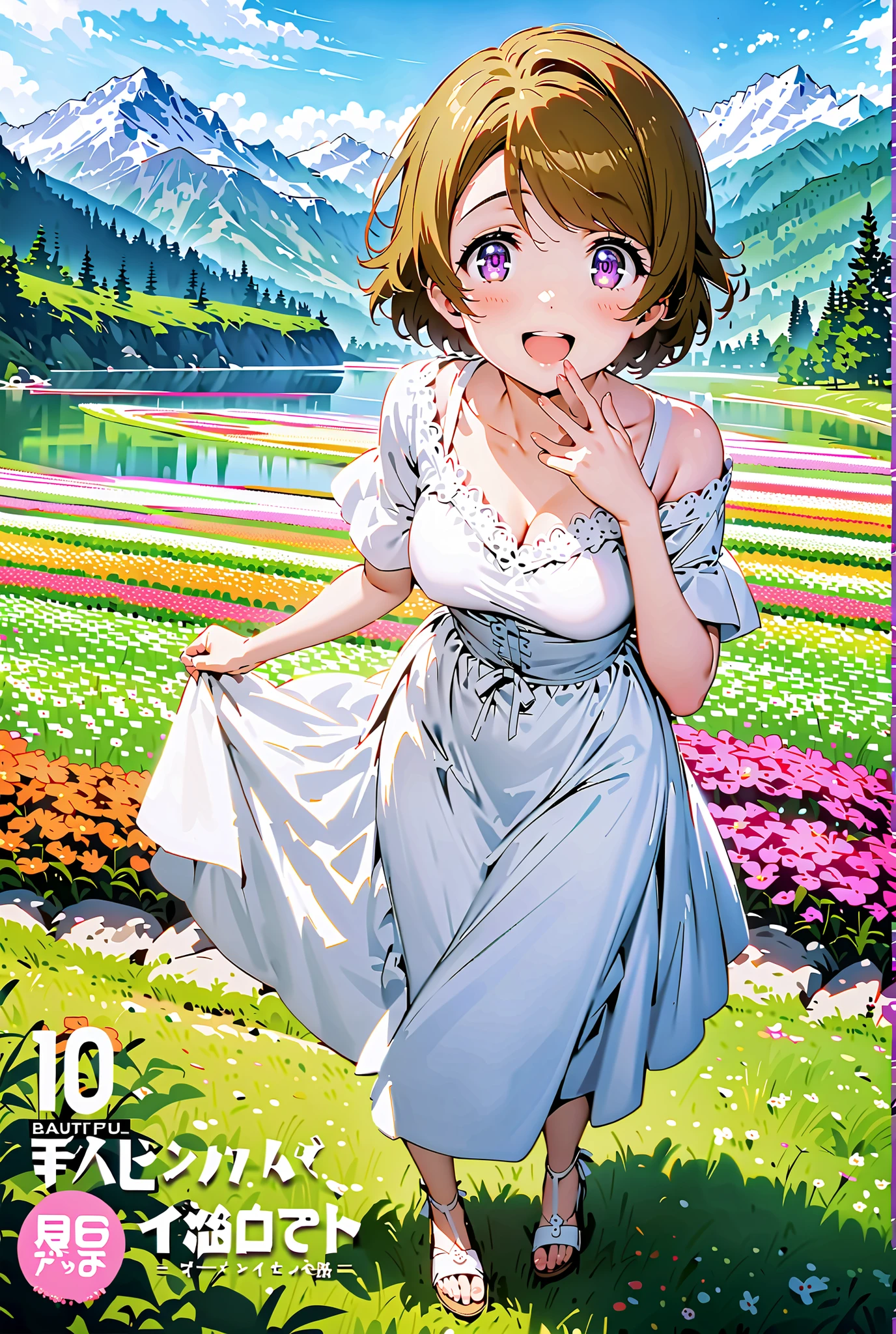 Hanayo Koizumi, short hair, brown hair, purple eyes,Medium breast, White Off Shoulder Dress, white long skirt,Heeled Sandals,standing,smile,cover,opens her mouth,noon,Flower Field,Mountain,river,nature,full bodyがillustrationsに入るように,break outdoors,nature,,
break looking at viewer,full body,
break (masterpiece:1.2), of the best quality, high definition, Unity 8k 壁紙, (illustrations:0.8), (beautiful detailed eyes:1.6), Highly Detailed Face, so that it fits into the illustration, Extremely Detailed CG, (perfect hand, Perfect Anatomy),