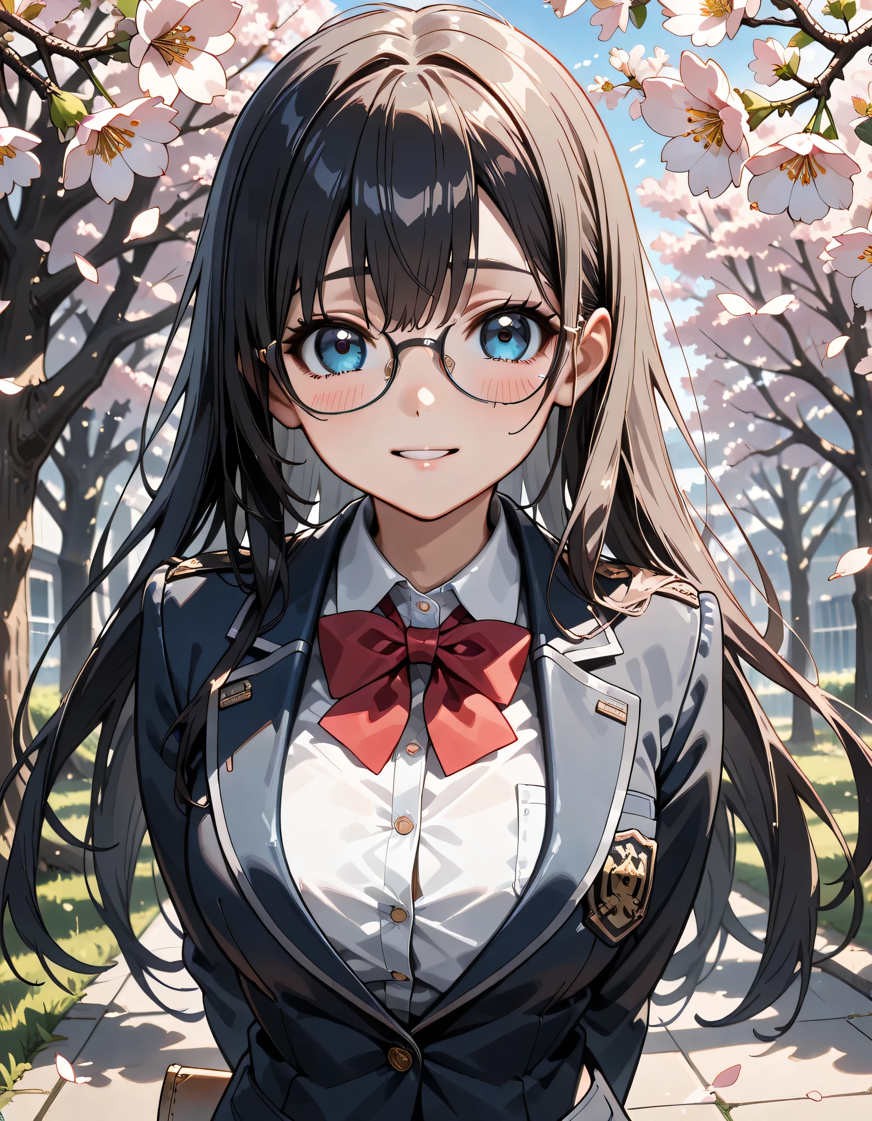 ((ultra-detailed)), (highly detailed CG illustration), (best quality:1.2), ultra-highly detailed, colorful composition, artistic photoshoot, ((upper body:1.3)), 1girl, solo focus, moe anime character, girl, dainty facial structure, (baby face), (round face), ((rounded chin:1.2)), ((ideal ratio body proportions)), brown eyes, ((moist eyes:1.4)), ((wearing glasses:1.3)), ((round eyewear:1.3)), ((black hair color)), long half, ((half updo)), (hair ribbon with red), ((hair is swaying in the wind)), ((sad smile:1.4)), ((cry:1.4)), ((shedding tears:1.4)), ((blush:1.3)), ((open mouth)), ((put hands behind back:1.4)), sample breasts, school uniform, navy blue blazer, modern style with fitted jacket, red neck bow, long sleeves white frilled shirt, from front, expecting, pink cheek, blush, light pink gloss slip, beautiful detailed sky, Standing straight, ((standing under a big cherry tree)), ((cherry blossoms in full bloom)), ((cherry blossom petals:1.4)), breeze, petals dancing in the wind, shining sunlight shines, best quality, masterpiece, portrait, depth of field, soft lighting, backlight, (shine), lighting, caustics, ray tracing, perfect face, lustrous skin, highly detailed face, highly detailed eyes, perfect face, perfect nose, perfect hair, perfect eyes, perfect anatomy, beautiful hair, beautiful small face, extremely detailed face, beautiful detailed eyes, beautiful clavicle, beautiful body, beautiful ample breasts, leavage, breasts squeezed together, equalize the size of the left and right breasts, beautiful thin thighs, beautiful legs, beautiful fingers, 4 fingers, 1 thumb, lovely, (very detailed background:1.0), (highly detailed background:1.0), spring aesthetic, intricate details, parting atmosphere, spring colors palette, chromatic aberration