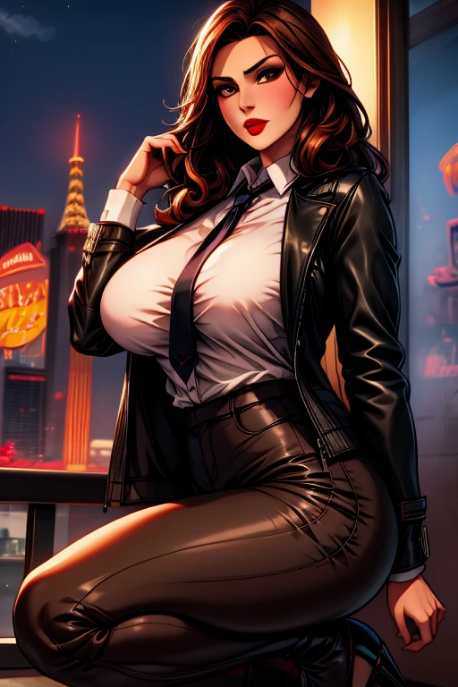 La mujer, camisa, shirt, chaqueta, jacket, chaqueta negra, black jacket, pantalon, pantalon negro, black throusere, Las Vegas al fondo, noche, night, muy detallado, Realistic long-term photography., 4k, pelo largo, brown hair, By the chestnut, labios rojos, sexy,red lips, brown eyes, big breasts, pechos grandes, Lucia Auditore