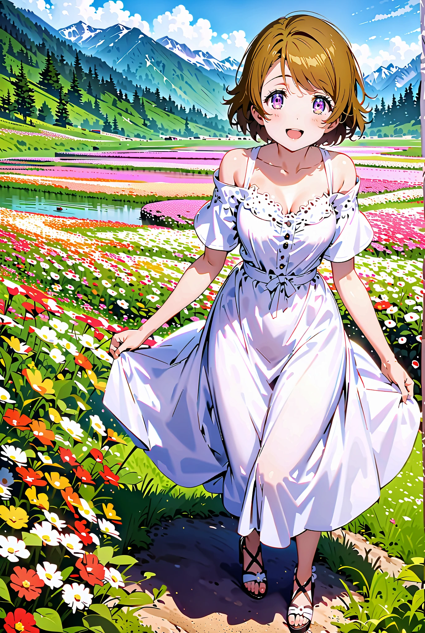 Hanayo Koizumi, short hair, brown hair, purple eyes,Medium breast, White Off Shoulder Dress, white long skirt,Heeled Sandals,standing,smile,cover,opens her mouth,noon,Flower Field,Mountain,river,nature,full bodyがillustrationsに入るように,break outdoors,nature,,
break looking at viewer,full body,
break (masterpiece:1.2), of the best quality, high definition, Unity 8k 壁紙, (illustrations:0.8), (beautiful detailed eyes:1.6), Highly Detailed Face, so that it fits into the illustration, Extremely Detailed CG, (perfect hand, Perfect Anatomy),