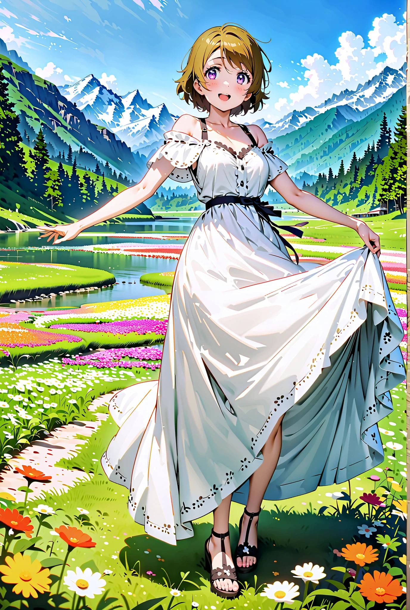 Hanayo Koizumi, short hair, brown hair, purple eyes,Medium breast, White Off Shoulder Dress, white long skirt,Heeled Sandals,standing,smile,cover,opens her mouth,noon,Flower Field,Mountain,river,nature,full bodyがillustrationsに入るように,break outdoors,nature,,
break looking at viewer,full body,
break (masterpiece:1.2), of the best quality, high definition, Unity 8k 壁紙, (illustrations:0.8), (beautiful detailed eyes:1.6), Highly Detailed Face, so that it fits into the illustration, Extremely Detailed CG, (perfect hand, Perfect Anatomy),