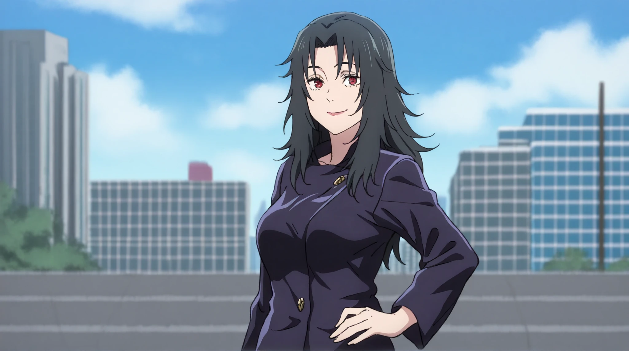 best quality, amazing quality, very aesthetic, absurdres,
1girl, (solo), kurenai, black hair, long hair, red eyes, wearing a modern black Jujutsu Kaisen sorcerer uniform, ((upper body)), cowboy shot, BREAK outdoors,blue sky,cloudy sky,old japanese city, smile, looking at viewer, solo