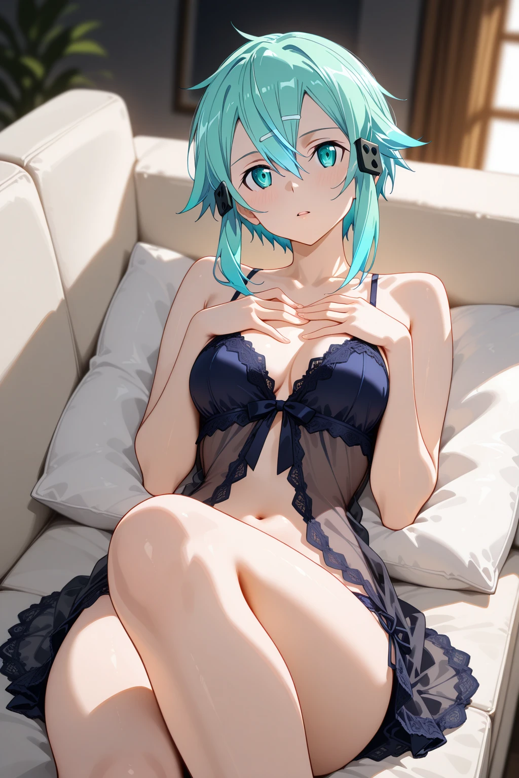 masterpiece, beautiful illustrations, highest quality, pretty girl, 1girl, Bedroom, pastel colour, (two-separated lingerie), cute lingerie, (Spring Green bob cut), bright lighting, sky-blue eyes
