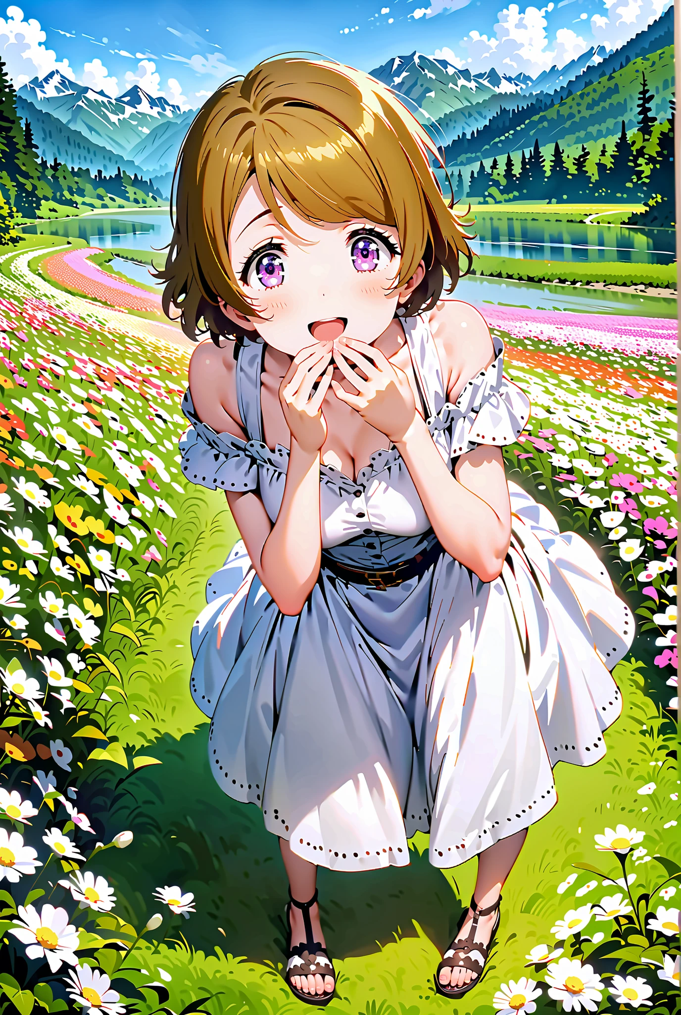 Hanayo Koizumi, short hair, brown hair, purple eyes,Medium breast, White Off Shoulder Dress, white long skirt,Heeled Sandals,standing,smile,cover,opens her mouth,noon,Flower Field,Mountain,river,nature,full bodyがillustrationsに入るように,break outdoors,nature,,
break looking at viewer,full body,
break (masterpiece:1.2), of the best quality, high definition, Unity 8k 壁紙, (illustrations:0.8), (beautiful detailed eyes:1.6), Highly Detailed Face, so that it fits into the illustration, Extremely Detailed CG, (perfect hand, Perfect Anatomy),