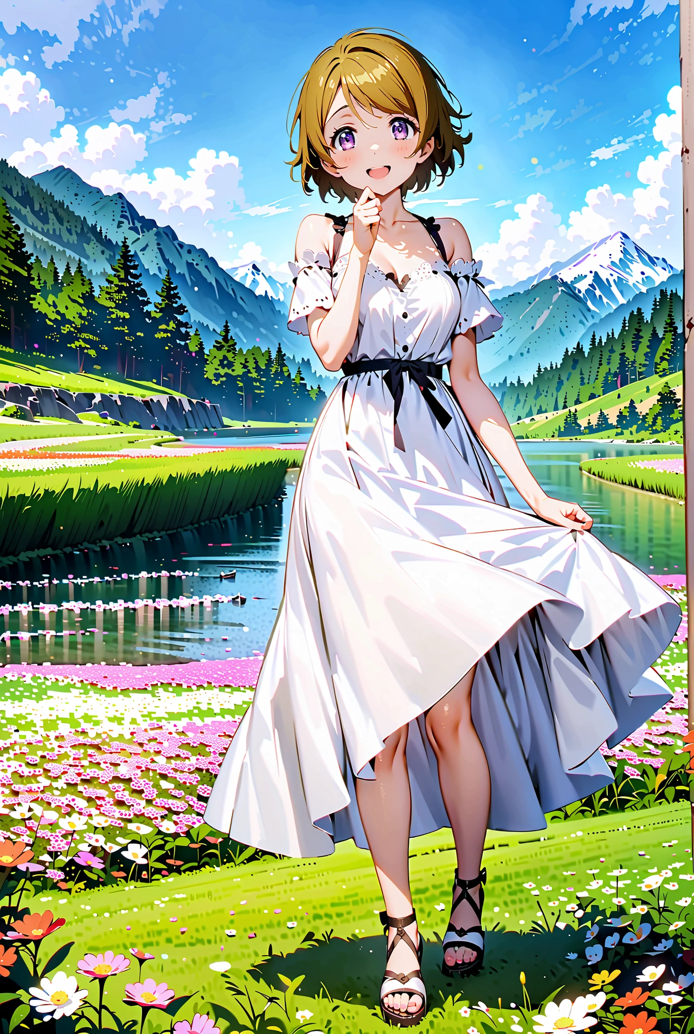 Hanayo Koizumi, short hair, brown hair, purple eyes,Medium breast, White Off Shoulder Dress, white long skirt,Heeled Sandals,standing,smile,cover,opens her mouth,noon,Flower Field,Mountain,river,nature,full bodyがillustrationsに入るように,break outdoors,nature,,
break looking at viewer,full body,
break (masterpiece:1.2), of the best quality, high definition, Unity 8k 壁紙, (illustrations:0.8), (beautiful detailed eyes:1.6), Highly Detailed Face, so that it fits into the illustration, Extremely Detailed CG, (perfect hand, Perfect Anatomy),