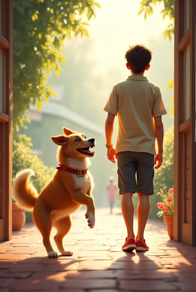 A young boy, with an adventurous glint in his eyes, strolls along the sun-kissed path, his steps in rhythm with the gentle rustling of leaves. His companion is an unusually large, loyal dog, perched comfortably on his shoulders, its ears flapping softly in the cool evening breeze. The orange and pink hues of the sunset cast long, beautiful shadows around them, painting a serene and picturesque scene. The happiness and contentment on the boy's face shines brightly, as he takes in the beauty of the moment with his furry friend.