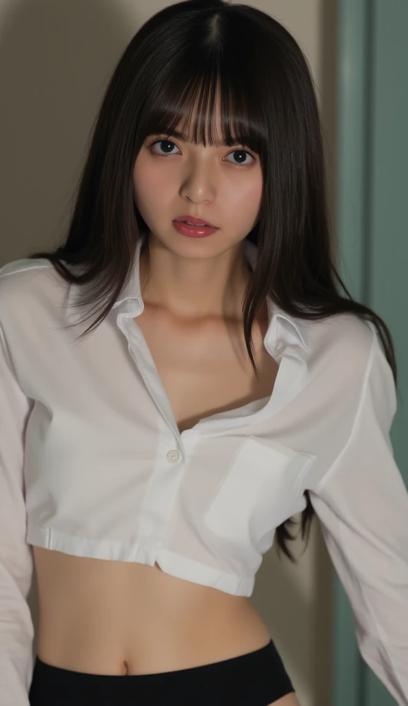 (8k, RAW Photos, Highest quality, masterpiece:1.2), (Realistic, Realistic:1.37), Very detailed, Ultra-high resolution, 1 girl, View your viewers, Beautifully detailed face, Laughter, narrow, (Narrow waist) :1.3), Shortcuts, Beautiful and detailed skin, Skin Texture, Black Hair, Floating Hair, Hairstyle: Short bob, Professional Lighting, (White shirt), Human whole body,Completely naked