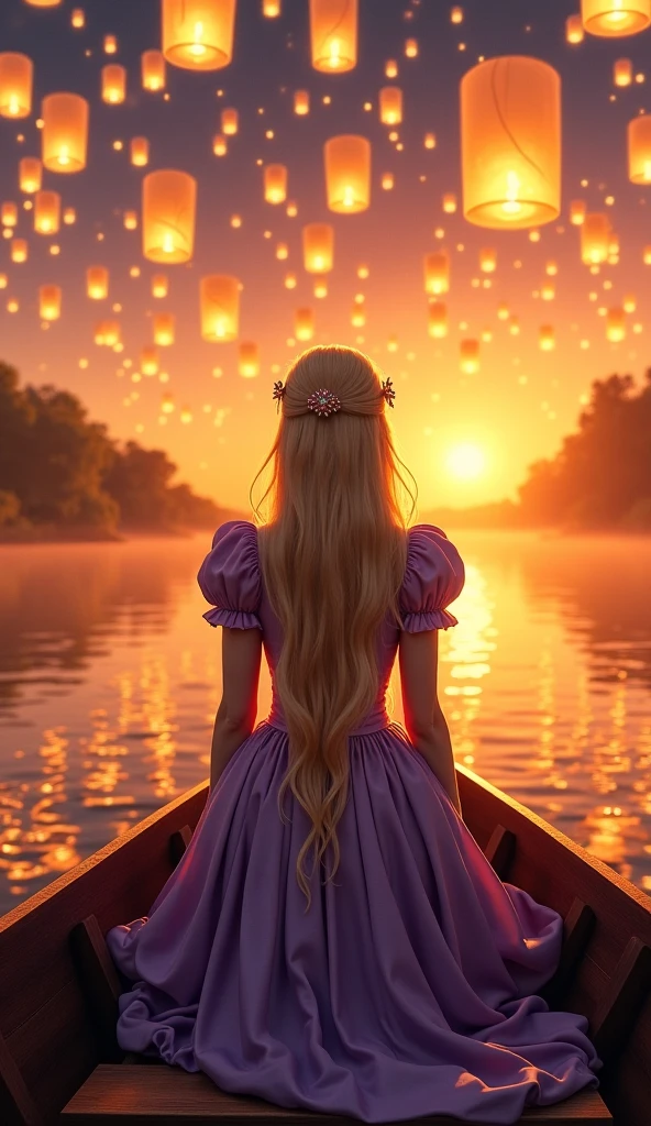 Create a high-resolution, realistic, and cute image of Rapunzel from Disney's "Tangled." She is sitting in a boat on a calm lake, surrounded by floating lanterns. The night sky is filled with stars, and the lanterns create a warm, golden glow. Rapunzel is wearing her purple dress, and her long, golden hair is cascading around her. Her expression is one of awe and happiness as she looks up at the lanterns. The scene is detailed with realistic lighting and reflections on the water.